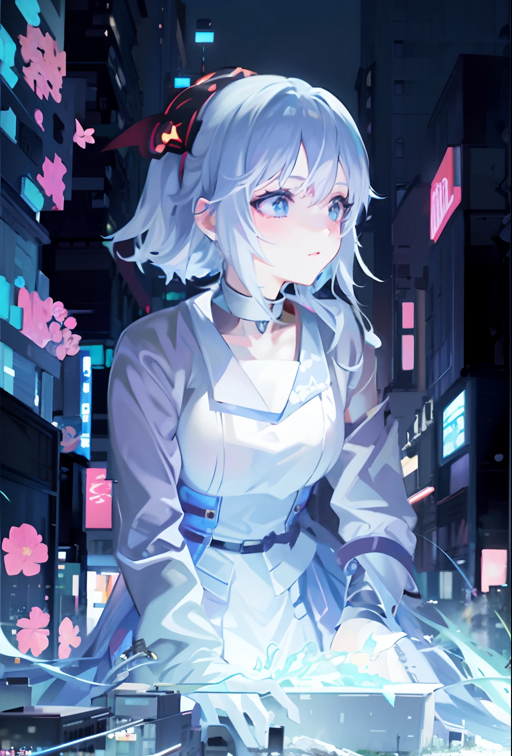 anime girl sitting on a ledge in a city at night, style of anime4 K, Guviz, Anime style. 8K, anime styled digital art, Best anime 4k konachan wallpaper, Guviz-style artwork, nightcore, Guweiz in Pixiv ArtStation, anime girl of the future, anime cyberpunk art, Digital anime art
