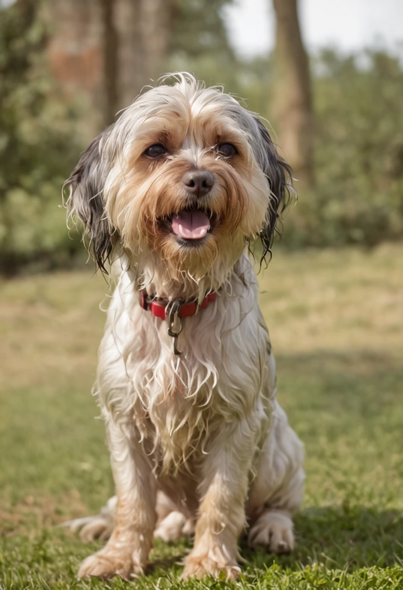 In the image in high resolution and high definition, We can see an adorable wet dog after his bath. It is in a bright and spacious environment, onde a luz do sol entra pelas janelas, highlighting the drops of water that still cover your soft coat. The dog is standing on a shiny tiled surface, usando colera vermelha, and their paws are delicately resting on the edges of a fuzzy carpet. Com um olhar animado e orelhas levantadas, The dog swings its body from side to side, in a funny attempt to get rid of the remaining water drops. Some droplets are in the air, capturando o movimento do cachorro no momento exato em que ele abana o corpo. Their happy expression and trembling action perfectly capture the infectious joy and playful spirit of the dogs after a refreshing bath
