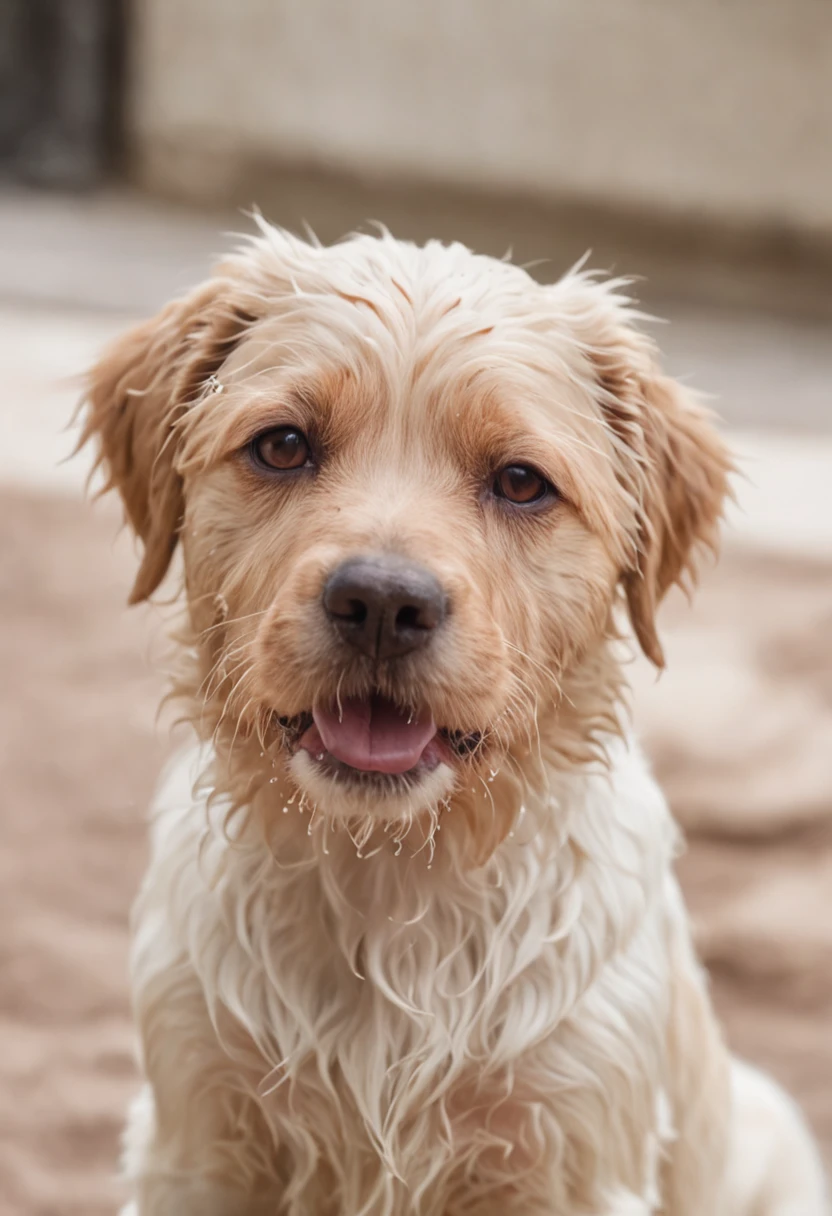 In the image in high resolution and high definition, We can see an adorable wet dog after his bath. It is in a bright and spacious environment, onde a luz do sol entra pelas janelas, highlighting the drops of water that still cover your soft coat. The dog is standing on a shiny tiled surface, usando colera vermelha, and their paws are delicately resting on the edges of a fuzzy carpet. Com um olhar animado e orelhas levantadas, The dog swings its body from side to side, in a funny attempt to get rid of the remaining water drops. Some droplets are in the air, capturando o movimento do cachorro no momento exato em que ele abana o corpo. Their happy expression and trembling action perfectly capture the infectious joy and playful spirit of the dogs after a refreshing bath