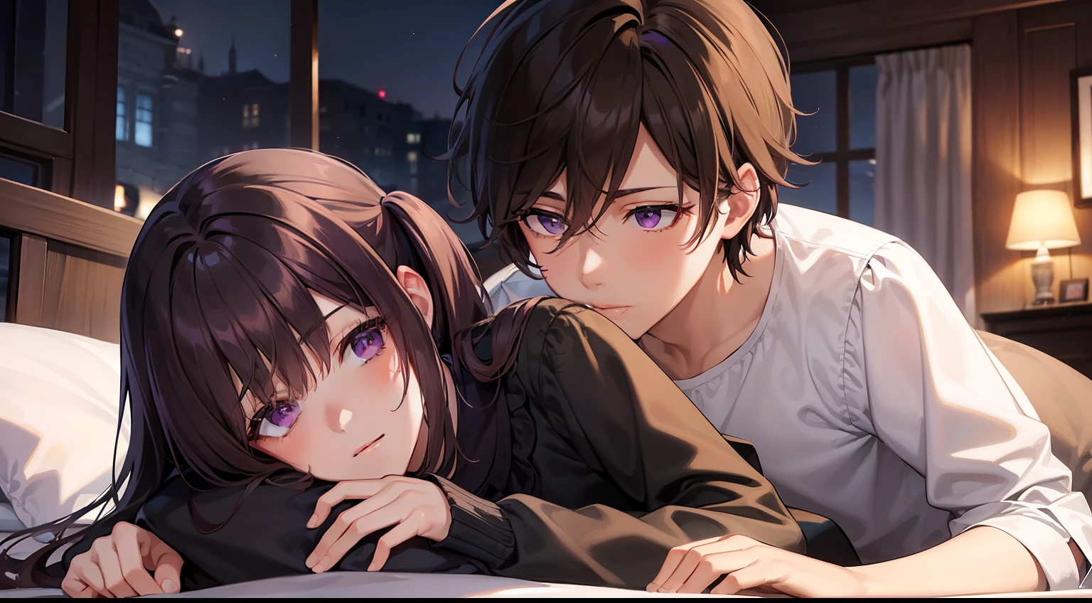 styles, masterpiece, top-quality, Special details, illustratio, Romance, a couple,tenderness, inner strength,a bed,natta, At night,Atmosphere of love bliss, Girl brown hair, Purple eyes, poneyTail, a couple, date, Profile of a man with black hair,Purple eyes,