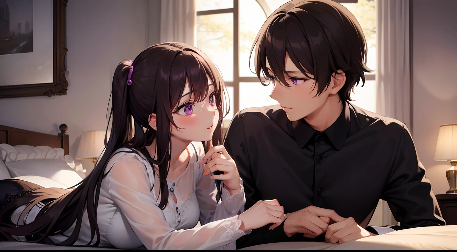 styles, masterpiece, top-quality, Special details, illustratio, Romance, a couple,tenderness, inner strength,a bed,natta, At night,Atmosphere of love bliss, Girl brown hair, Purple eyes, poneyTail, a couple, date, Profile of a man with black hair,Purple eyes,