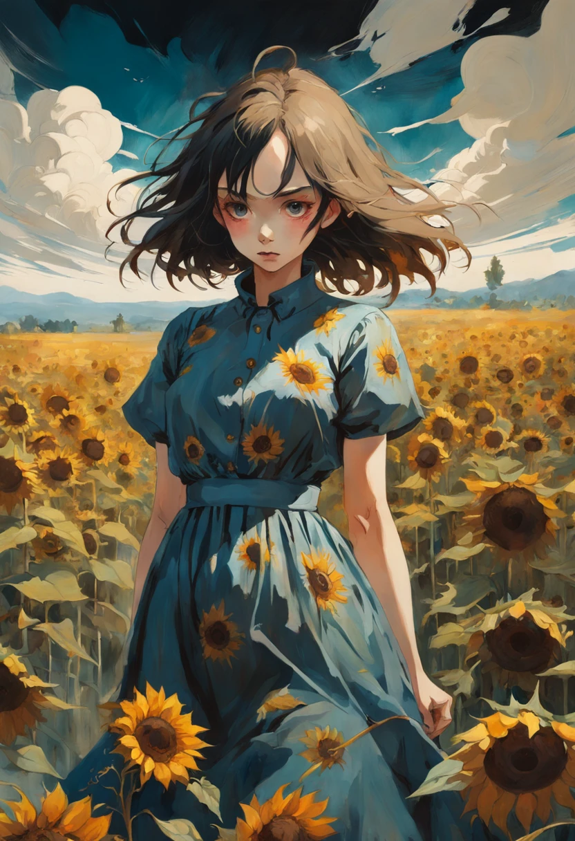 Woman wearing a summer vintage dress in a sunflower field. In the style of Adrian Ghenie, Esao Andrews, Jenny Saville, Edward Hopper, surrealism, Dark Art par James Jean. Tim Burton.