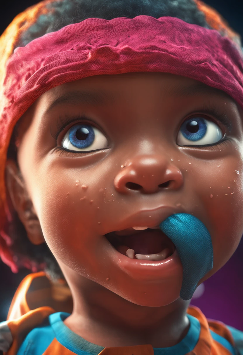 A detailed image of a happy, laughing child with open eyes, black child, 8k definition, photorealistic rendering, rich colors, using Cinema 4D.