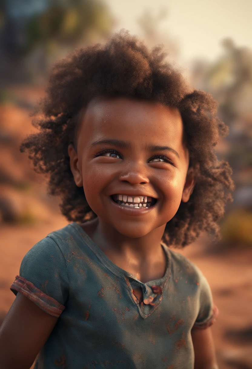 A detailed image of a happy, laughing child with open eyes, black child, 8k definition, photorealistic rendering, rich colors, using Cinema 4D.