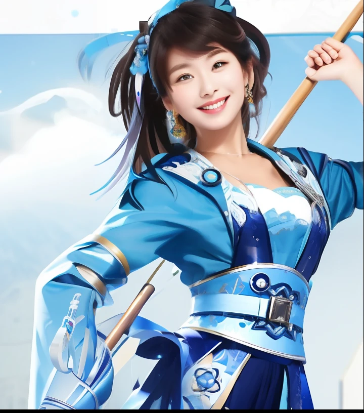 Smiling woman in blue dress holding stick