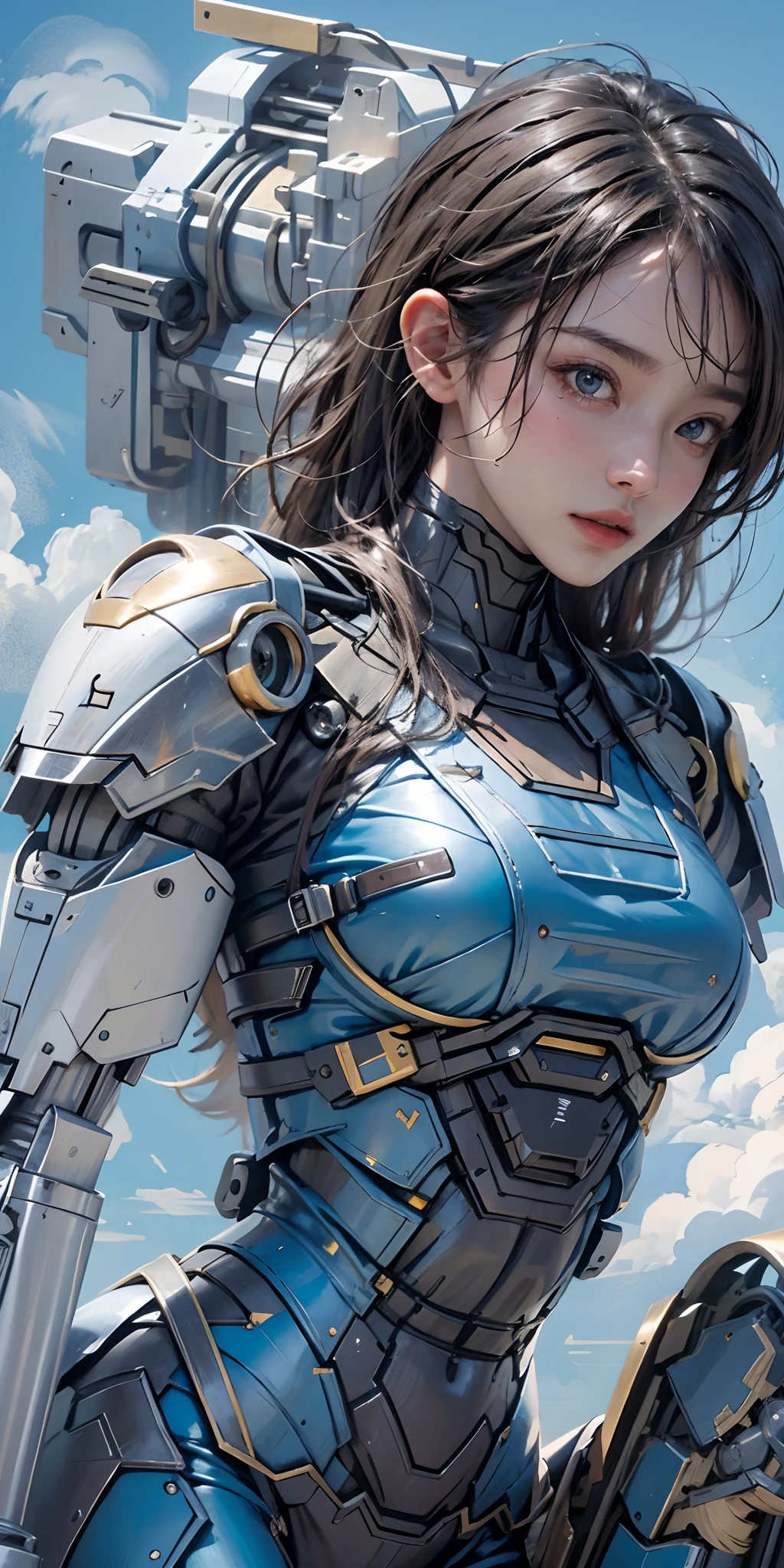 photorealistic, high resolution, soft light,1women, solo, hips up, (detailed face),blue sky, mecha armor, mechanic part