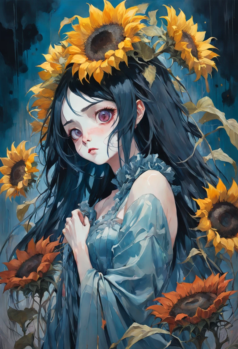 There is ugliness in beauty, But there is also beauty in ugliness. Sunflowers. Sunflower. In the style of Adrian Ghenie, Esao Andrews, Jenny Saville, Edward Hopper, surrealism, Dark Art par James Jean, Takato Yamamoto, Minimalisme inkpunk. Tim Burton. In the style of Corpse Bride.