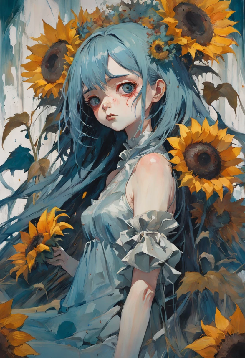 There is ugliness in beauty, But there is also beauty in ugliness. Sunflowers. Sunflower. In the style of Adrian Ghenie, Esao Andrews, Jenny Saville, Edward Hopper, surrealism, Dark Art par James Jean, Takato Yamamoto, Minimalisme inkpunk. Tim Burton. In the style of Corpse Bride.
