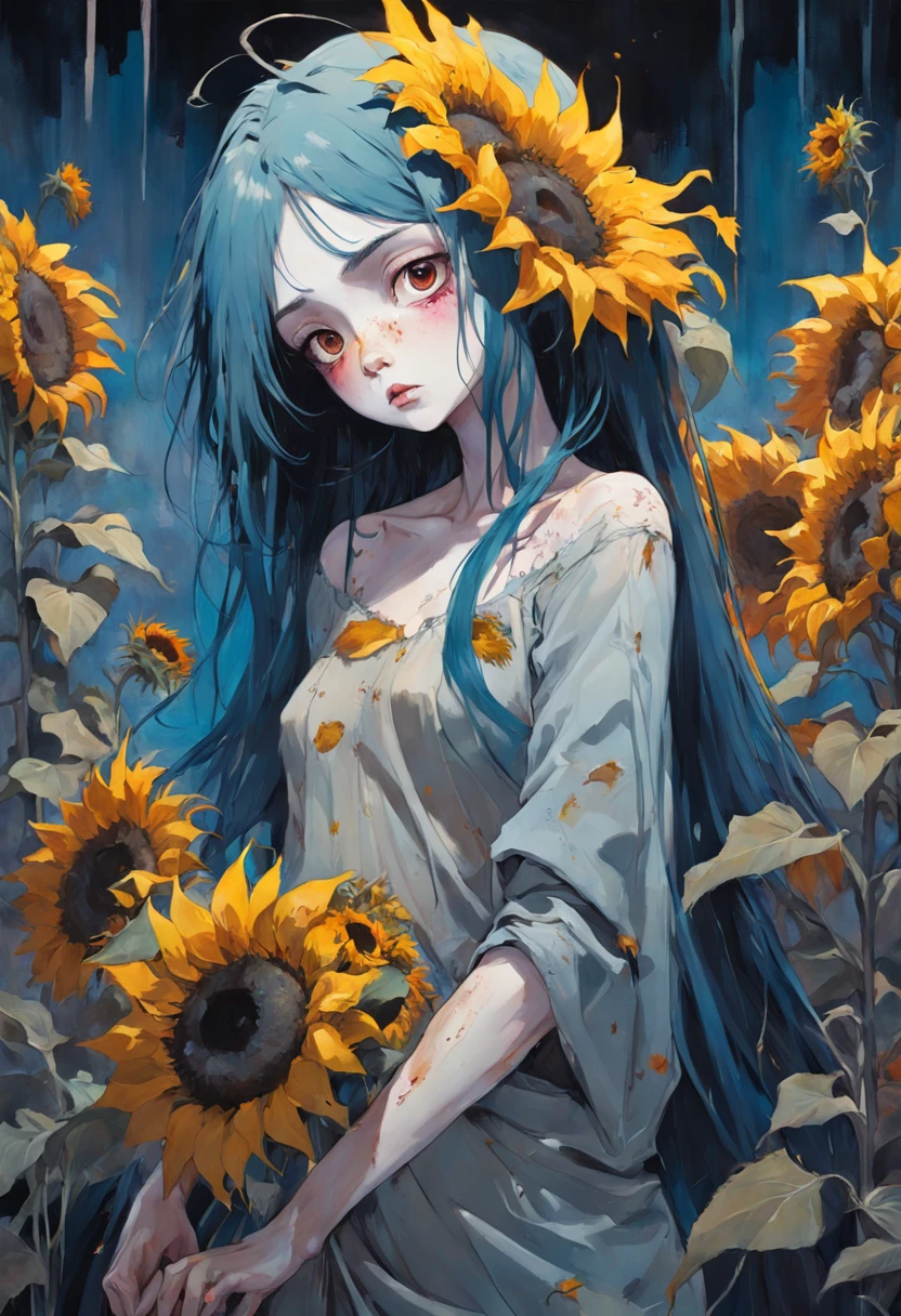 There is ugliness in beauty, But there is also beauty in ugliness. Sunflowers. Sunflower. In the style of Adrian Ghenie, Esao Andrews, Jenny Saville, Edward Hopper, surrealism, Dark Art par James Jean, Takato Yamamoto, Minimalisme inkpunk. Tim Burton. In the style of Corpse Bride.