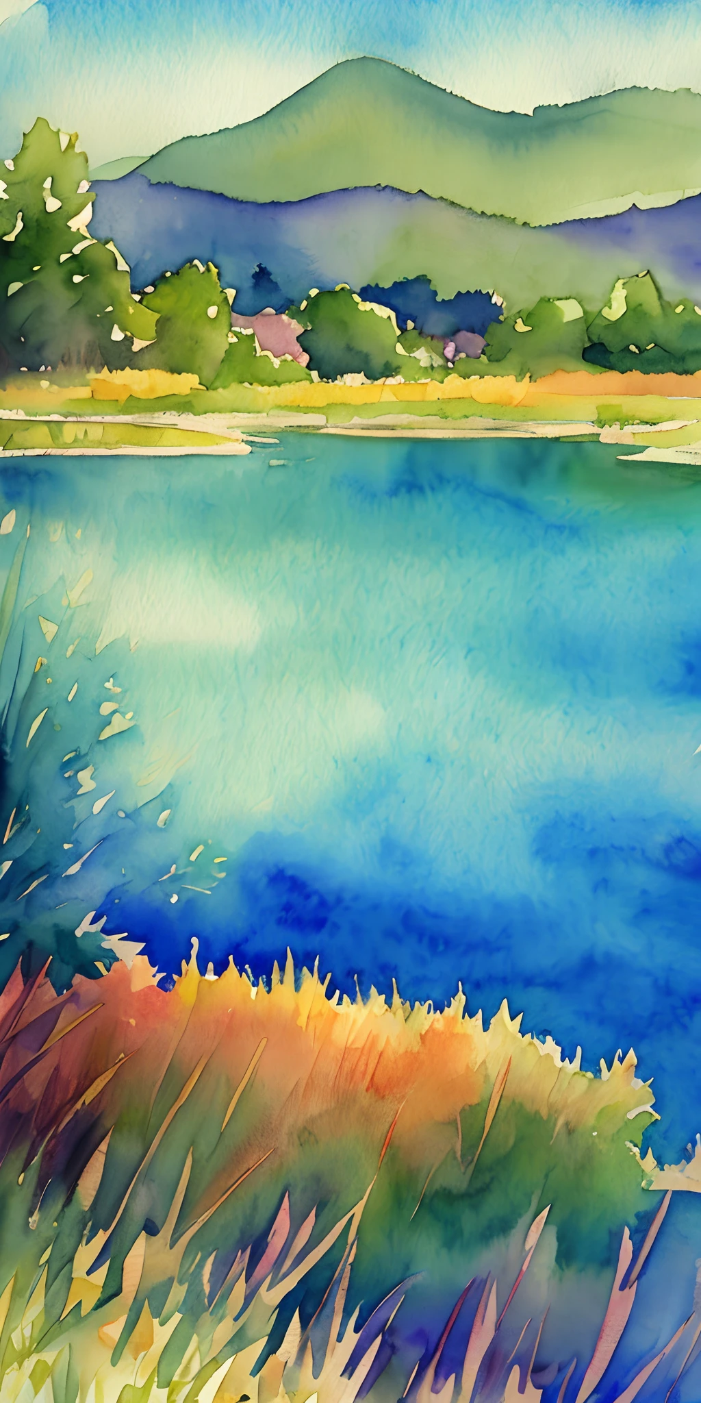 watercolor,lake landscape with beautiful fores wiev --auto --s2