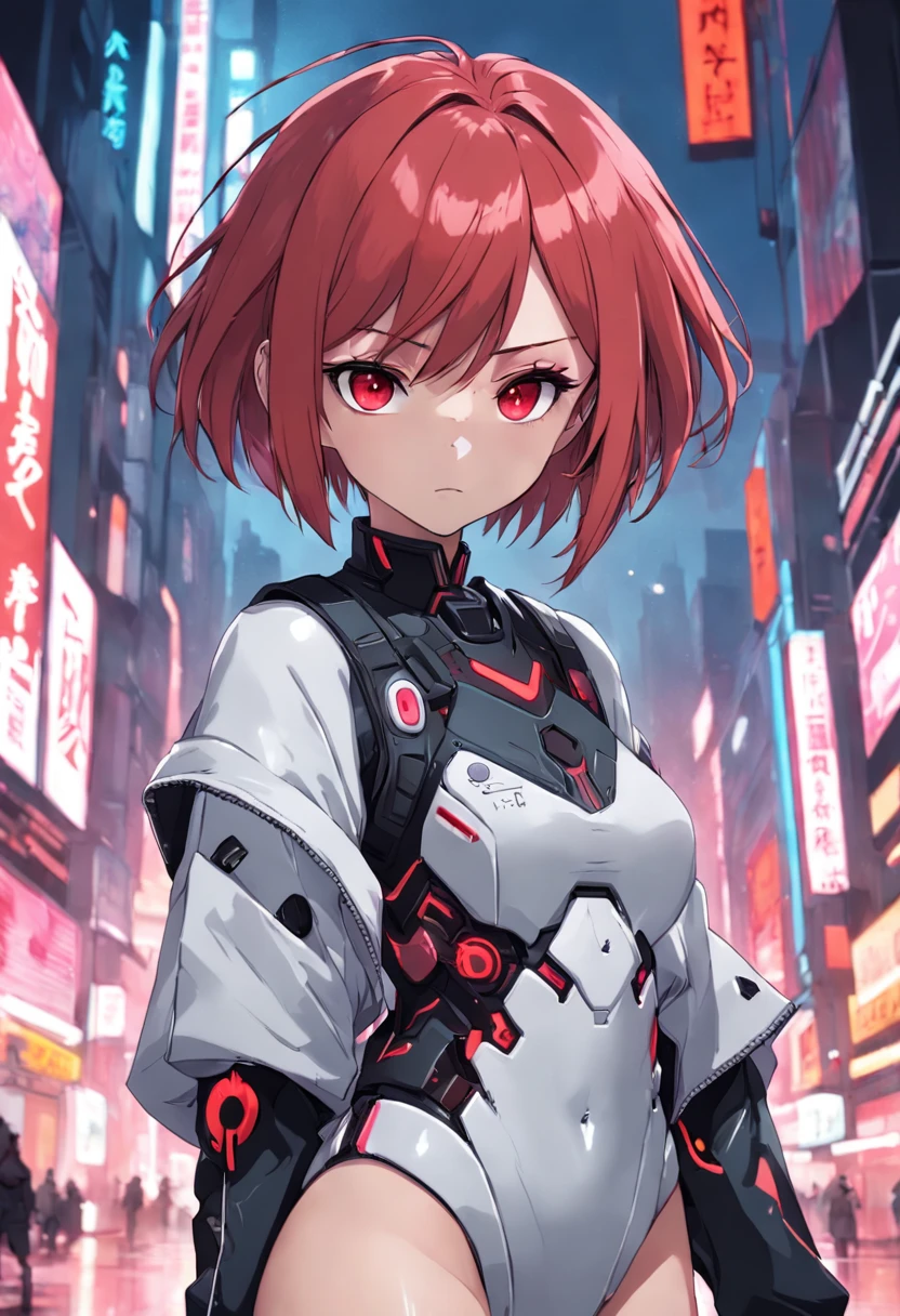 ((1girl),(red hair),(short hair),(pink eyes),(cyberpunk clothes))