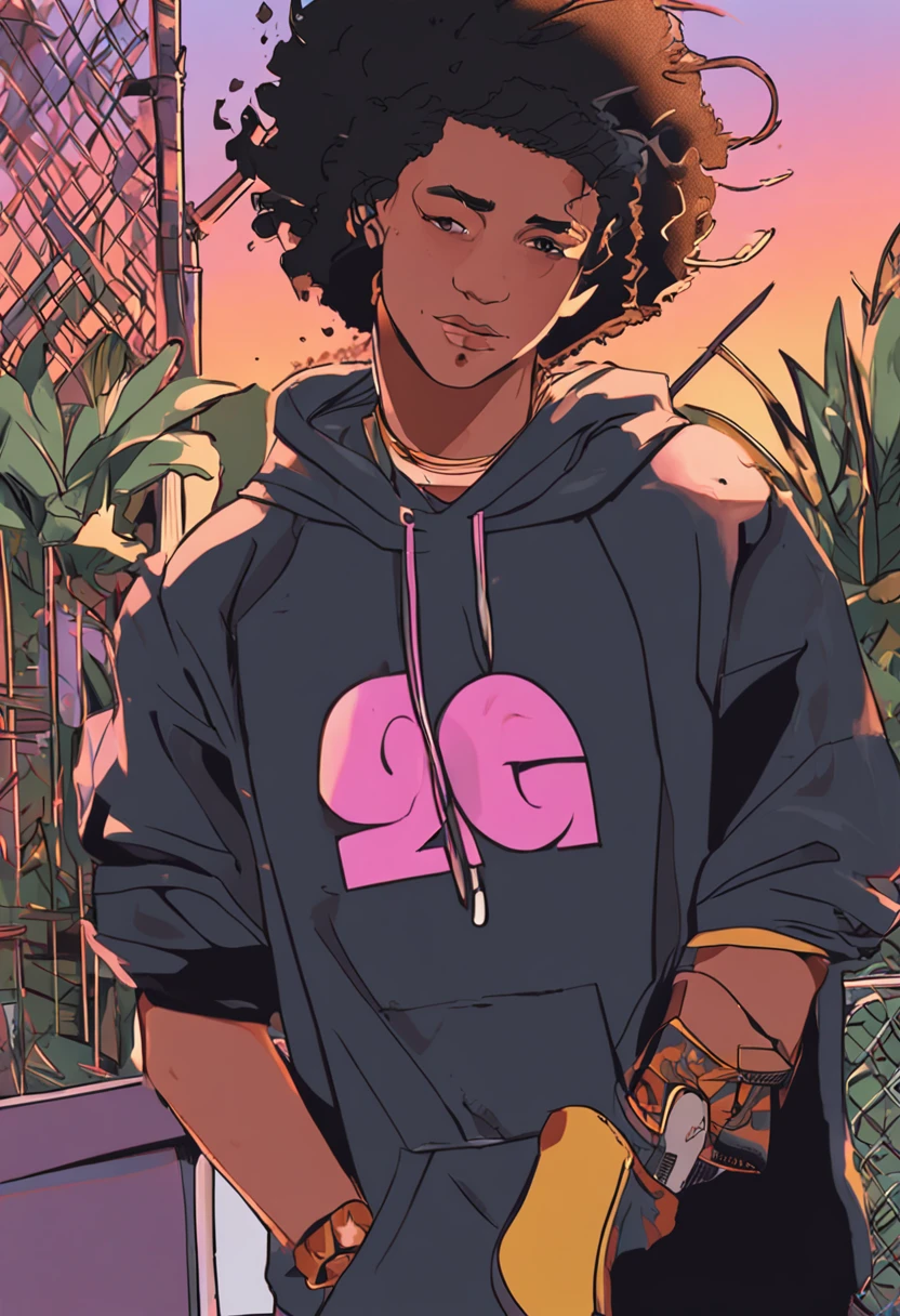 crie um personagem jovem, negro, Cool and friendly with short social hair and wearing a black sweatshirt with yellow accents