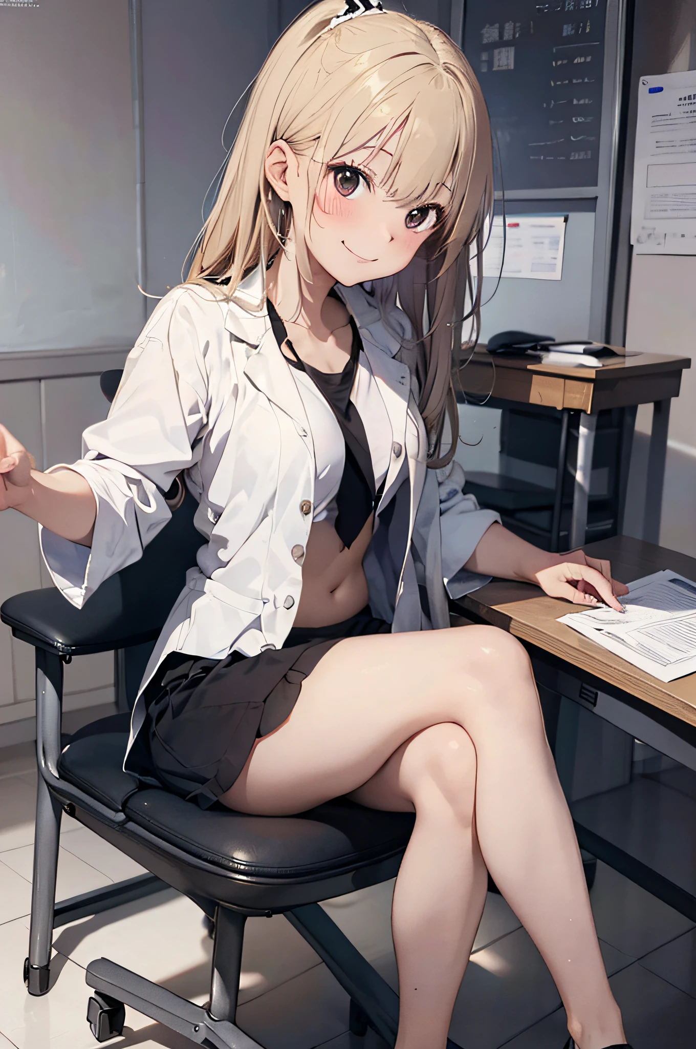 (Naughty Woman:1.3)、(Examination room:1.5)、(tiny chest:1.4)、Blonde hairer、Raw photography, top-quality, hight resolution, (masterpiece), (Photorealsitic:1.4), Anime Cosplay, foco nítido, nffsw, 8K分辨率, intricate detailes, depth of fields, the Extremely Detailed CG Unity 8K Wallpapers, front lit, girl with, Smile、(A slender:1.5)、Wear a revealing lab coat、sit a chair