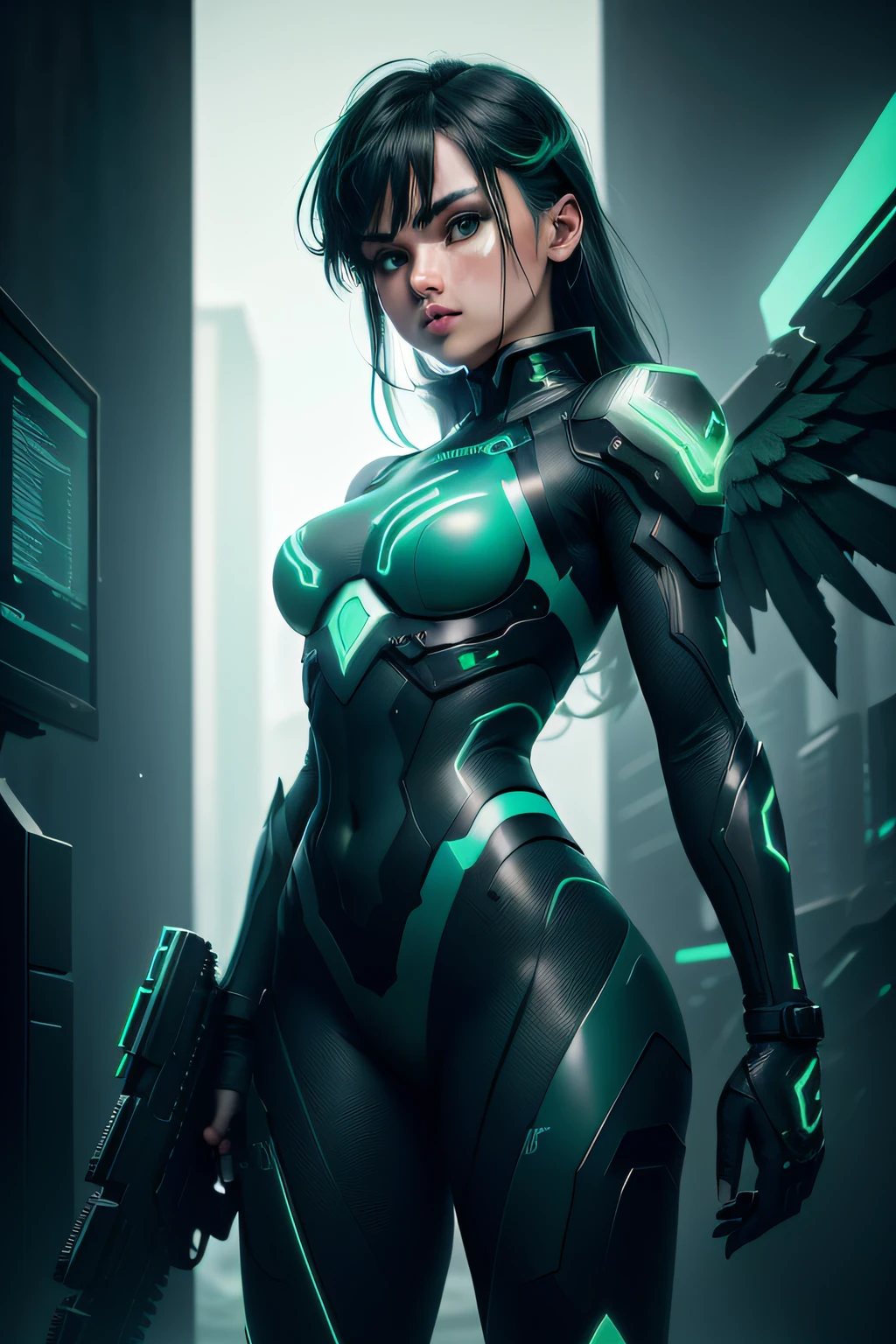 girl gun in hand, metal wings ( Black & green: 1.5)(Ultra High Quality,unparalleled masterpiece:1.4)(Realism:1.2),(Realisitc:1.2)(absurdres:1.2),4k,Extremely perfect pixels,Detailed,A highly detailed,digital art,Flat vector art, illustration concept art a close up of a bunch of different screens with a green glow, game overlay, black and cyan color scheme, teal neon lights, overlay, teal skin, green colored theme, ambient teal light, vhs overlay, glowing hue of teal, game ui asset design, green, game ui, green and black color scheme, clean artstyle