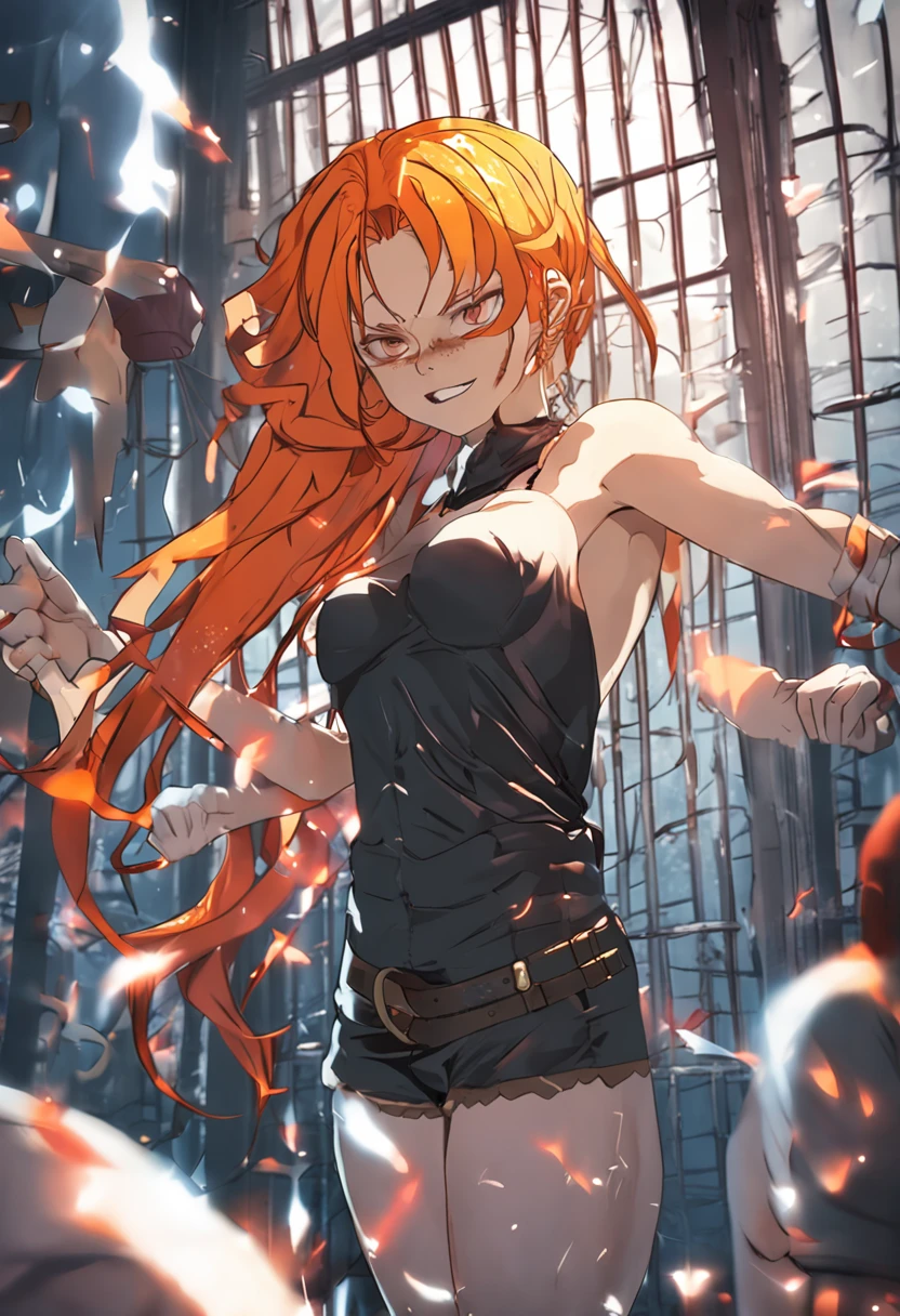 Nami from One Piece in prison, (Anime), (Wet body), (masutepiece), (Best Quality), (ultra-detailliert), (disheveled hair), (1girl in), Standing,Looking at Viewer, Beautiful detailed eyes, Delicate beautiful face, Orange hair,(High color saturation), (Colorful splashes), (Shining), Floating hairs, (Shining), The best lighting, Best Shadow、(((prison clothes)))、srestrained、(((bdsm))),chains, shame,tears、red blush、Hands folded behind your back、Cuffed、pillory、chains、((naked hip))、The bikini,((((Enemas in the buttocks))))