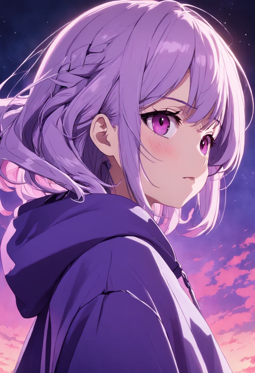 "1chico, cabello blanco, ojos morados, sudadera morada"