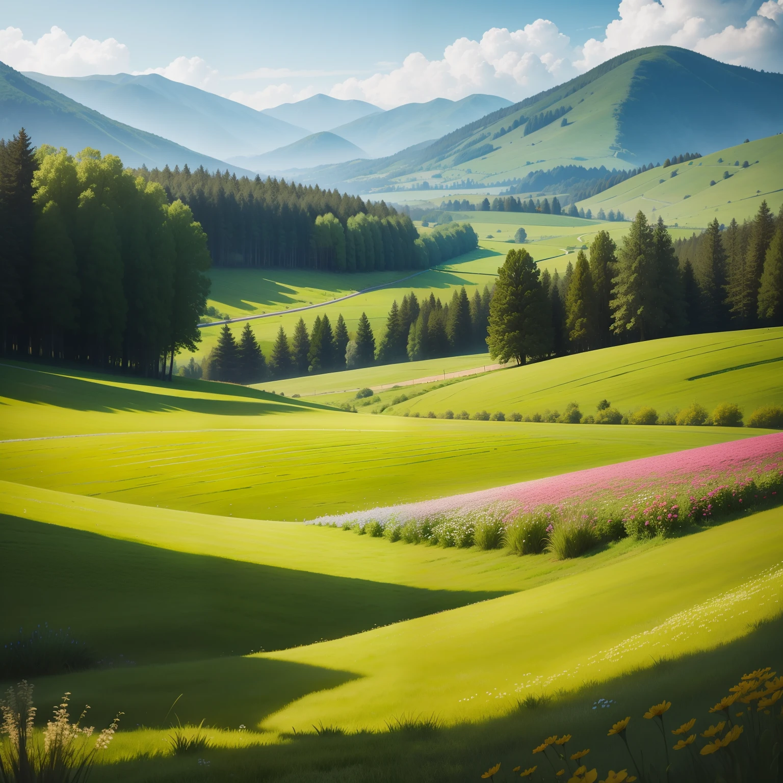 Green meadows with flowers