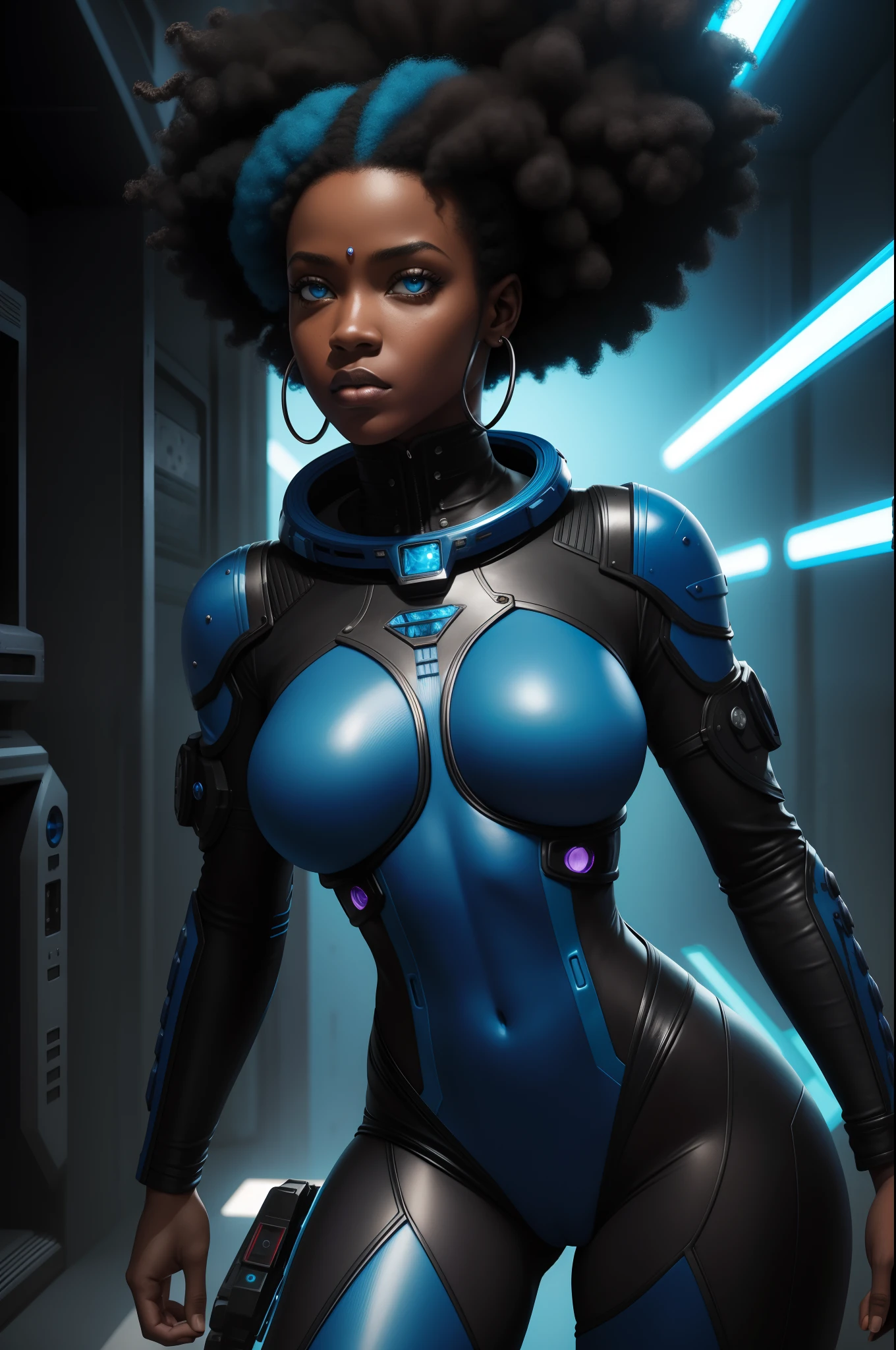 Photo of a woman with a dark skin complexion, raw, Exotic beauty, (Short afro hair), super tiny waist, chest with a Metroid-like character curve, ((Portrait)), ((Detailed face:1.2)), ((detailed facial features)), (finely textured skin), tanned, , in a Metroid-inspired sheet, Sci-fi environment, Standing in a futuristic laboratory, (Vibrant neon colors), High-definition, HDR, Ultra High Resolution, (8K), (Wallpaper), (Cinematic lighting), (Dramatic Lighting), (sharp focus), (Photorealism style), (Realism