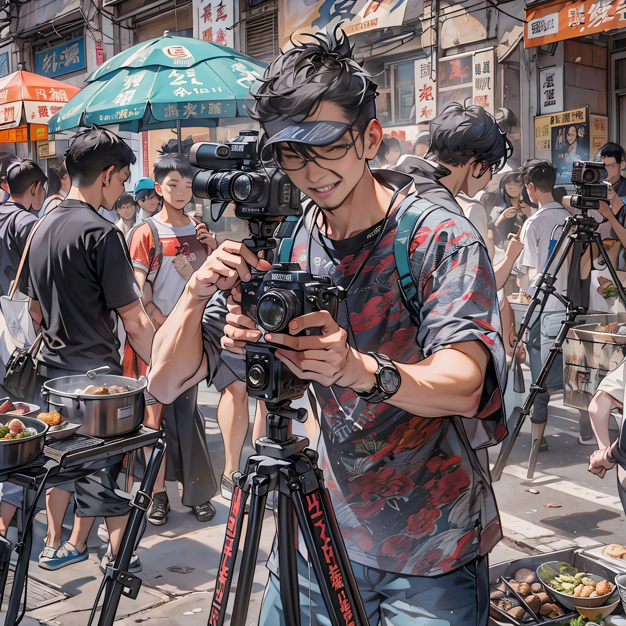 A sunny morning, the Challenge Kunxian production team is busy setting up filming equipment on the food street. The camera focuses on special guest Yang Feiyue, whose stylish outfit and confident smile are impressive. Yang Feiyue holds a microphone and, accompanied by the production crew, swiftly moves through the street in search of the most delicious food. ,in the style of the stars art group xing xing, 32k, best quality, masterpiece, super detail, high details,