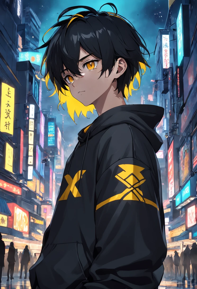 crie um personagem realista homem, jovem, negro, Cool and friendly with short social hair and wearing a black sweatshirt with yellow accents