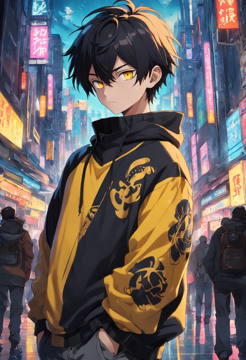 crie um personagem realista homem, jovem, negro, Cool and friendly with short social hair and wearing a black sweatshirt with yellow accents