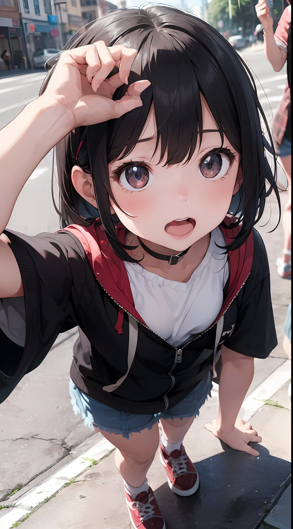 ultra-detailliert, Best Quality, hight resolution, moe-anime, ((A cute girl with black hair and droopy eyes wears round glasses.)), ((baby face)), Pretty eyes, Detailed eye depiction, Eye sparkle, Looking at Viewer, pale skin, (((Petite))), (big eye:1.4), a smile, Focus on the face, In the park where cherry blossoms dance, On all fours, (super close up of tongue), (((from above))), open mouth, (((face only:1.3))), ((See-through white T-shirt)), nsfw, Nipples are showing through, Bright eyes, Denim shorts