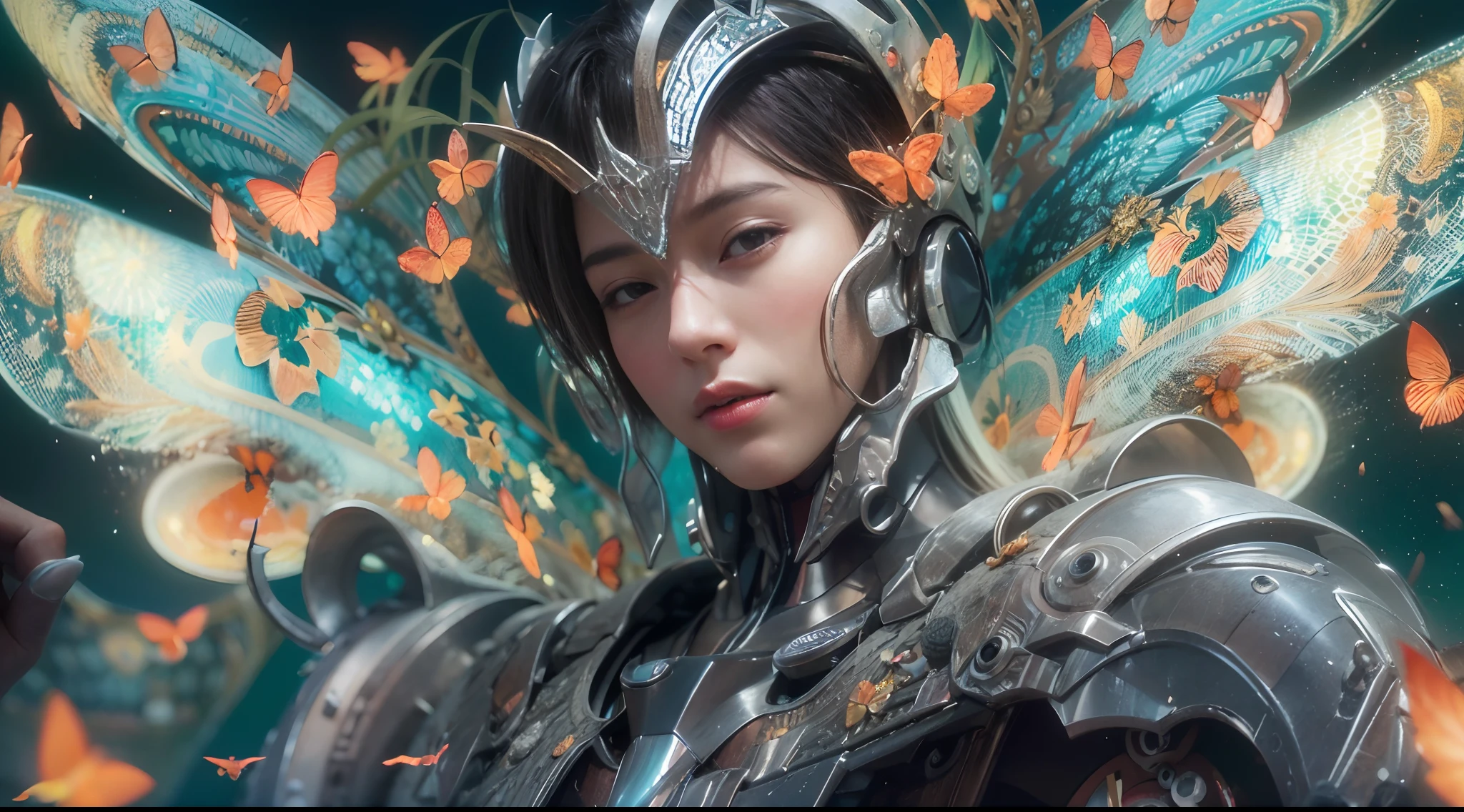 1boy, photo of very very handsome suave smiling young 25-year-old male Chinese prince, clothed in futuristic cybernetic armor, wearing a large futuristic crown, walking in a lush flower garden with many neon glowing butterflies, sci-fi, intricate, neon light, ((perfect face)), ((perfect hands)), ((perfect body)), ((correct anatomy)), ((ultra-realistic)), ((8k, UHD)), highly detailed, digital painting, artstation, concept art, human anatomy, soft light, smooth, illustration, art by tian zi and craig mullins and WLOP and alphonse mucha