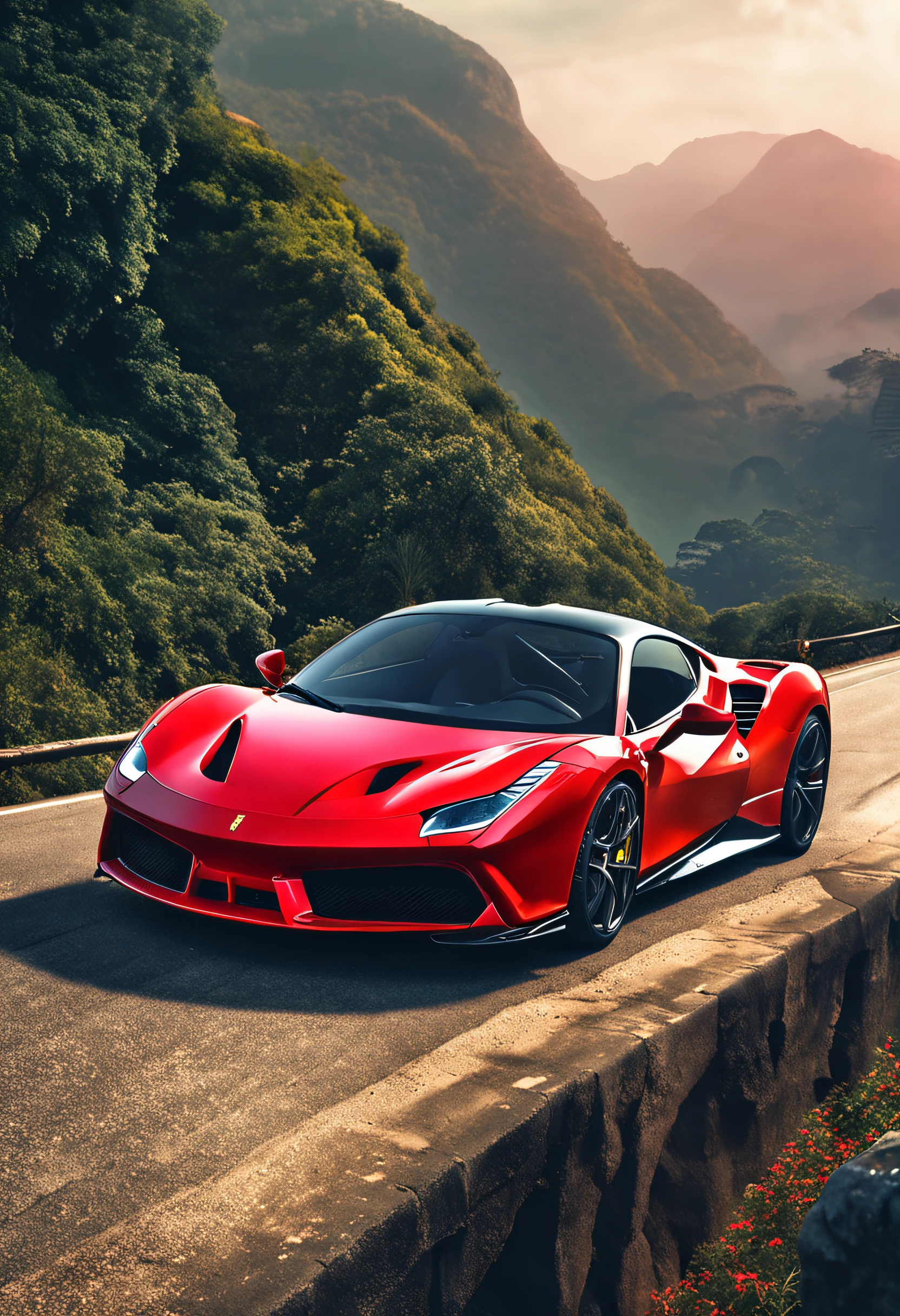 (Best quality, 8k, Masterpiece :1.2), hyper realistic, an red Ferrari 488 at a montain in the city of rio de janeiro Brazil