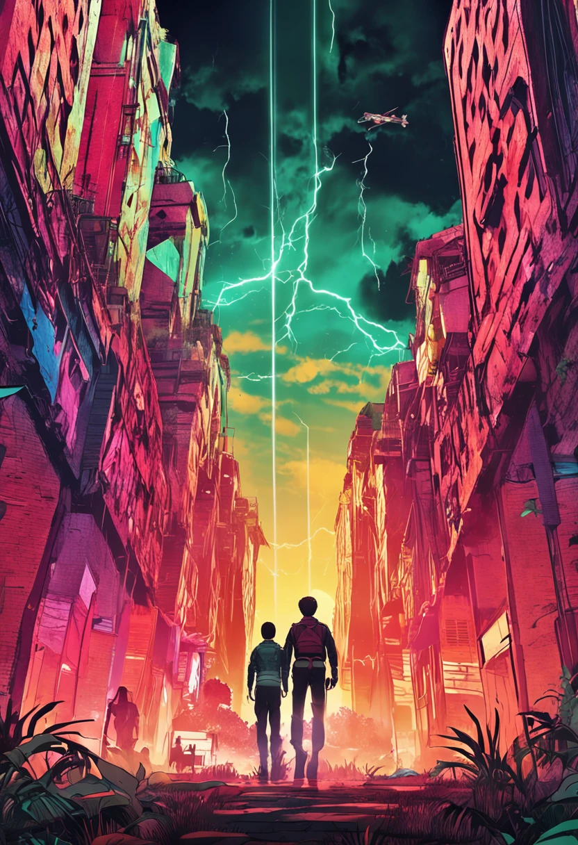 generate a retro style Attack on Titan movie poster with vibrant colors, prominently featuring Levi Ackerman and Eren Jaeger