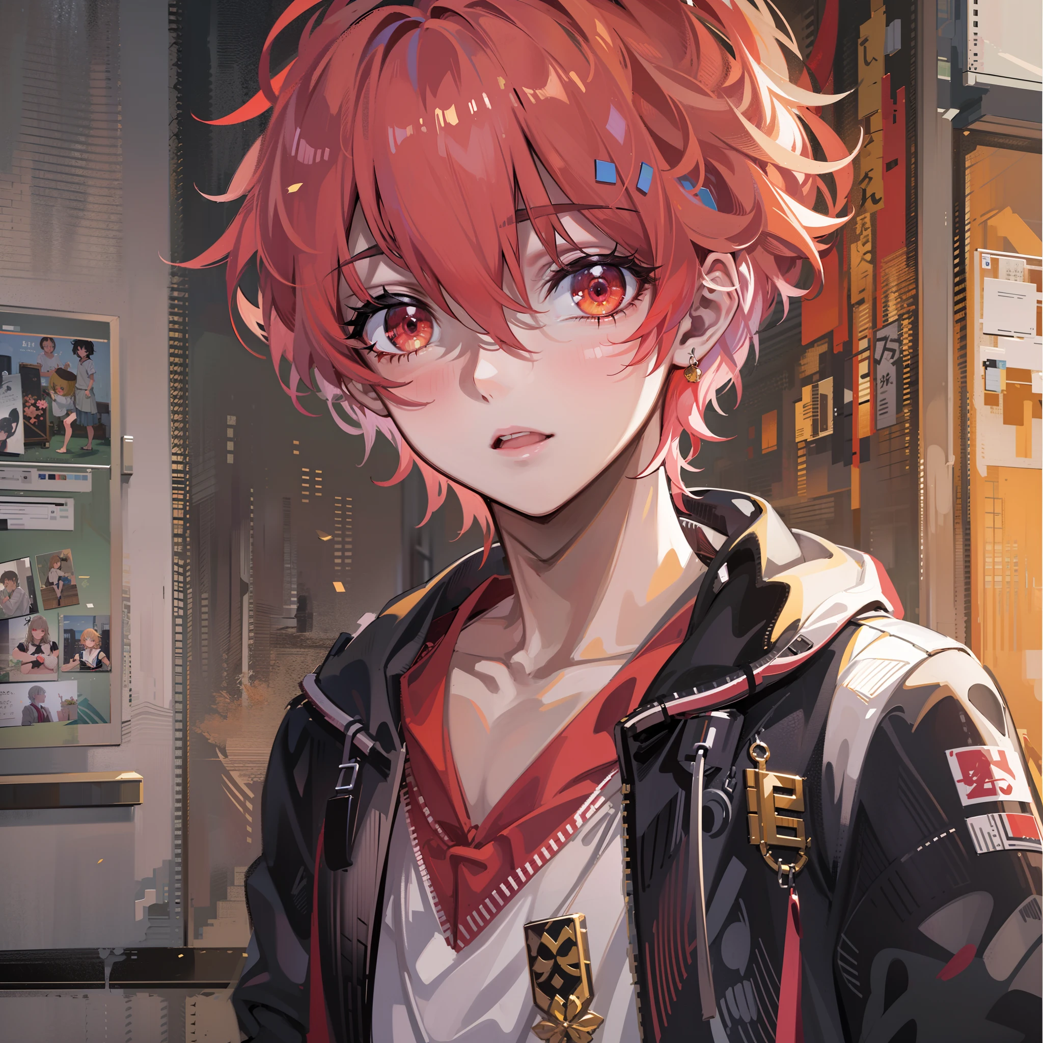 ((top-quality)), ((masterpiece)), ((ultra-detailliert)),(8k wallpaper:1.2),(Ultra-high resolution:1.2),(masterpiece:1.1),wallpaper,High quality,masterpiece,(High detail),1boy,anime, looking at the camera,shadow under eyes, standing in a school hallway,orange wavy hair,red eyes, wearing male Japanese school uniform , absolutely stunning art, extremely detailed, highest quality digital art, highest resolution, HD quality, wallpaper 8k