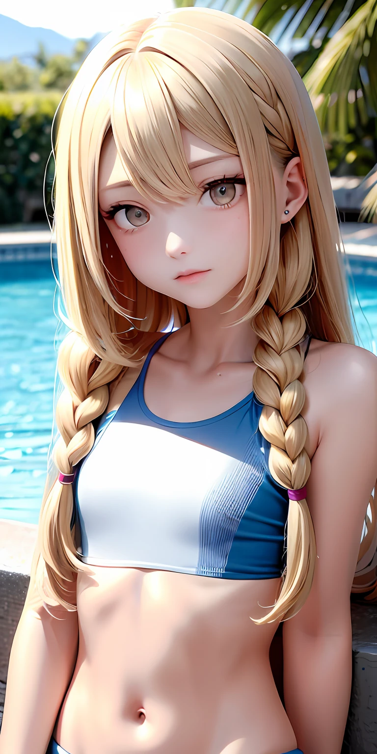 (Best Quality, Masterpiece:1.1), (Realism: 1.4), 1girl, Full Body, Naked, Swimsuit, Nipples Sheer, Tight Crop Top, Twin Tails, Studio, Breasts, Touch Breasts with Both Hands