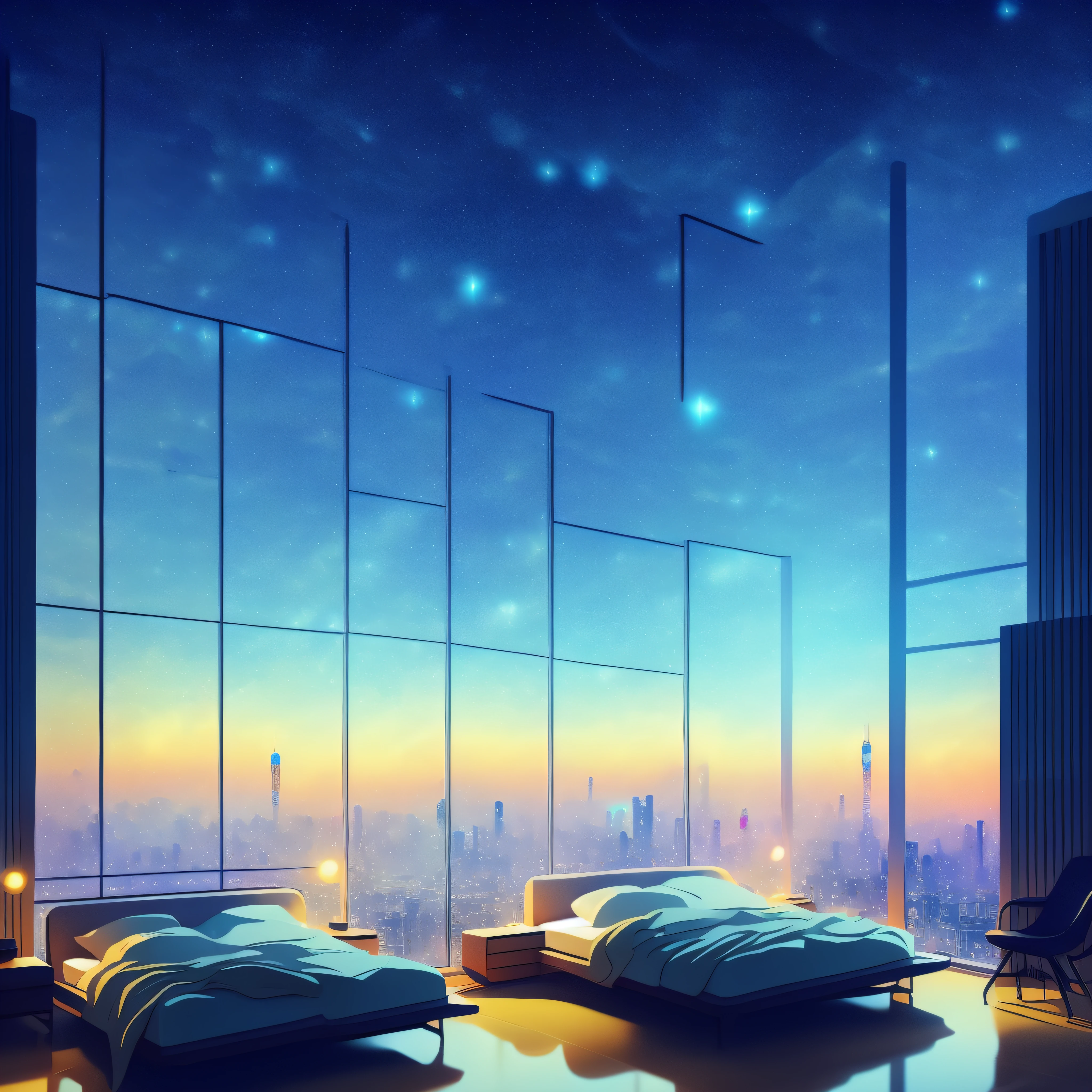 Cold Light Source Technology Cyberpunk Mechanical Minimalism Deconstructivism Bedroom Background Image Floor-to-ceiling windows Bright fluorescent Starry Sky Armor Artificial Intelligence Starry Sky Cold Light Source Only one bed