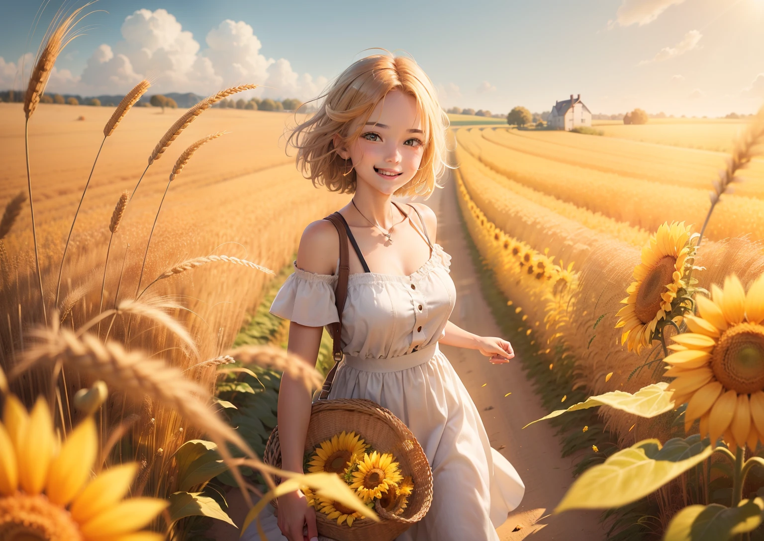 sourire, tenant un tournesol dans sa main, en train de marcher sur un sentier, surrounded by wheat fields, sentant un tournesol, clignant des yeux