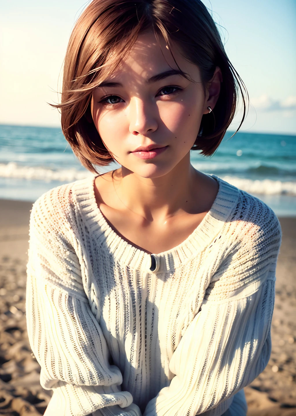 Girl 1, Top Quality, Realistic, Solo, Depth of Field, Natural Light, Daytime, Attractive, Beautiful Face, Clean, Pure Face, White Skin, Pretty, Short Hair, Beach, Sunlight, Flat Breasts, Small Breasts, Full Body, (((Sweater, Beautiful Face)),