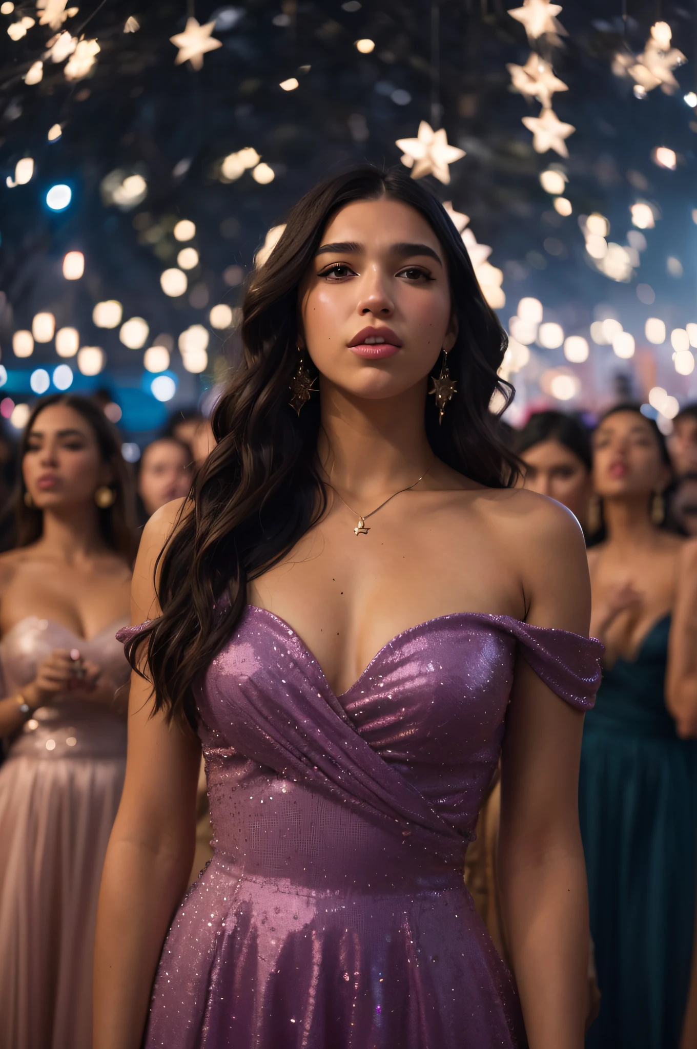 a close up of a person, dua lipa, kailee mandel, violet myers, valentina remenar, beautiful look, gal gadot, youtube video screenshot, style of julia razumova, julia fuentes, julia sarda, wearing a dress made of stars, fernanda suarez, by Amelia Peláez, looking towards the camera