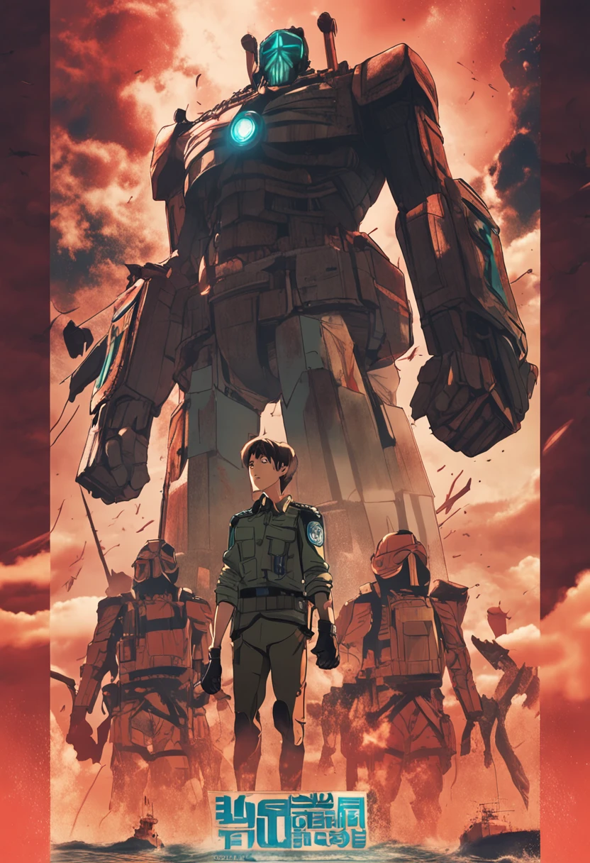 generate a retro style Attack on Titan movie poster with moody emotional colors, prominently featuring Eren Jaeger wearing a paradis island uniform and ODM gear looking at the ocean
