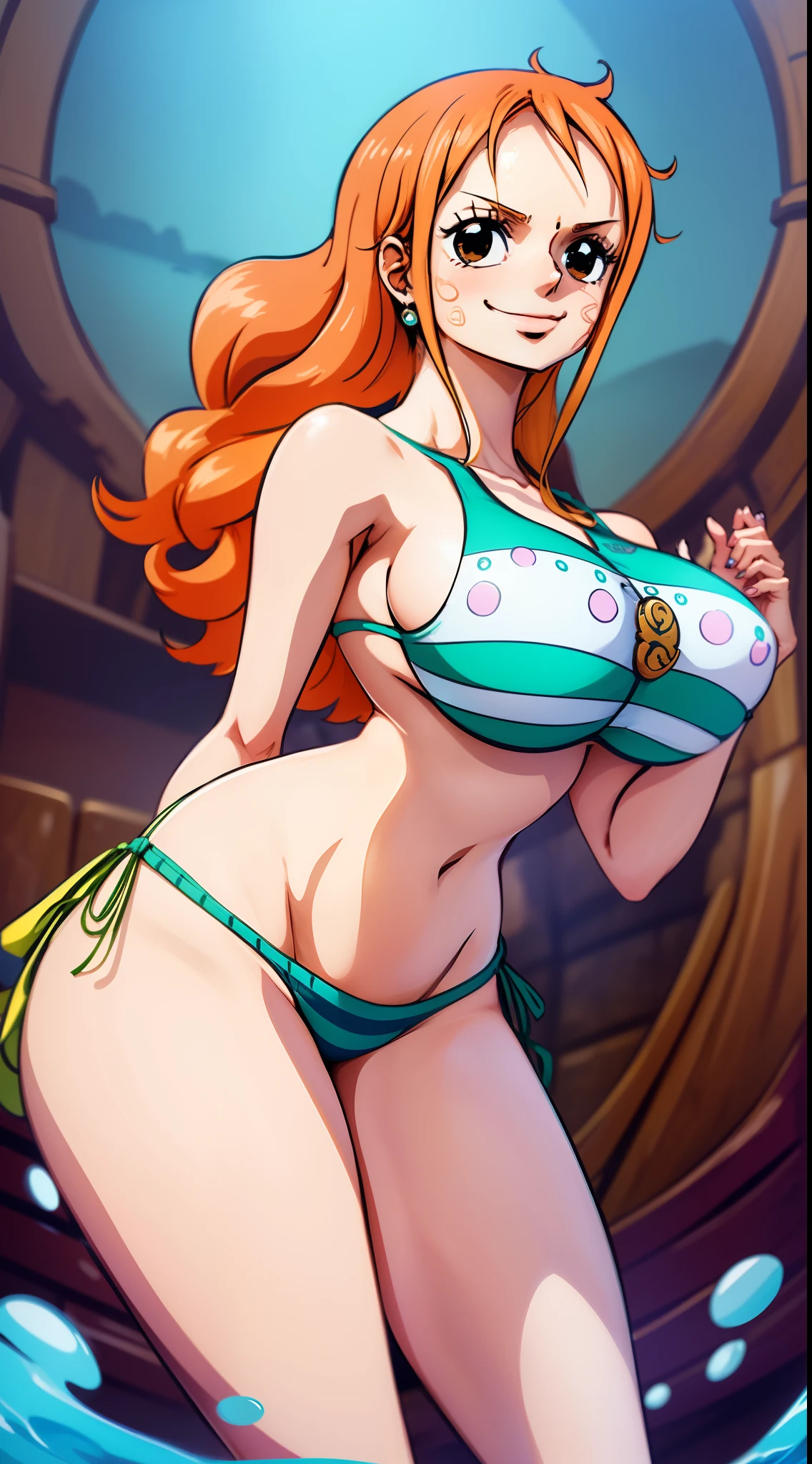 Nami from one piece wearing tight bikini she have good body shape large thighs and large breasts her breasts is overflowing from her top she is smiling gently with a little blush on her cheeks and have high quality anime style (namis eyes ROM one piece) eyes looking at you shyly and she is standing in water with her toes with beautiful face and tight beautiful bottom and this art of nami is maked in very high quality anime style namis body in this art is drawn in very high quality and her bikini is in very high quality too she looking at you from her back she has perfect face perfect anime style eyes perfect back perfect breasts perfect ass perfect thighs perfect hands perfect legs perfect eyes perfect hair perfect body perfect bottom perfect top perfect beautiful smile and perfect head and this image is drawn in very very very high anime style quality her bottom is in triangle style and her bikini bottom is in strings style and everything is in high quality and she has perfect and beautiful emotions on her high quality face