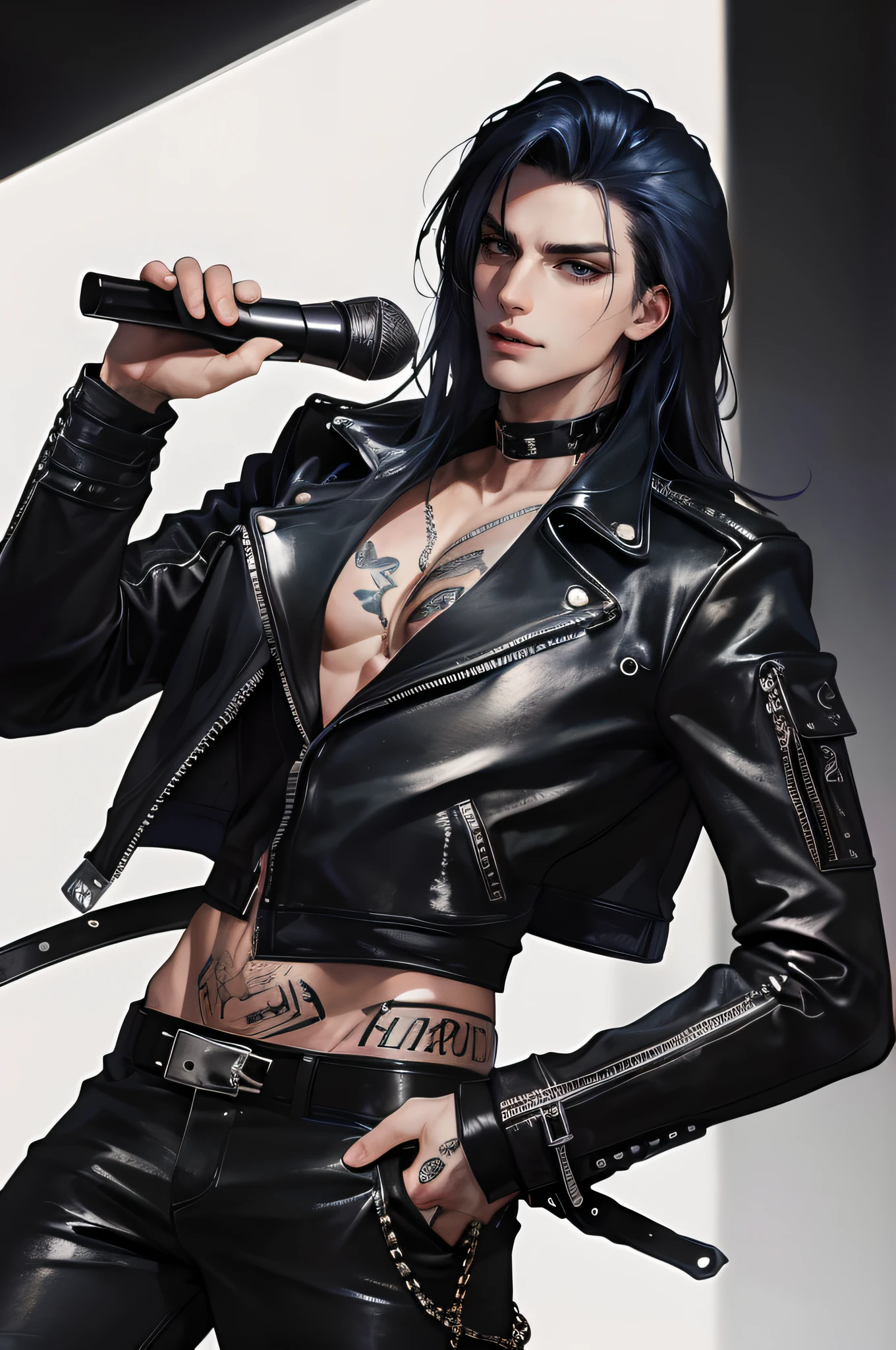 photography of a heavy metal star, a solo man, 25 years old, singer, bad boy, black eyes, expressive look, long dark blue black hair, bar on background, straight hair, blueshine hair, unshaven, black leather jacket, leather pants, chest tattoo, super detailed face, perfect body, perfect shapes, realistic image, background stage, concert spotlights, award winning photography, 8k,