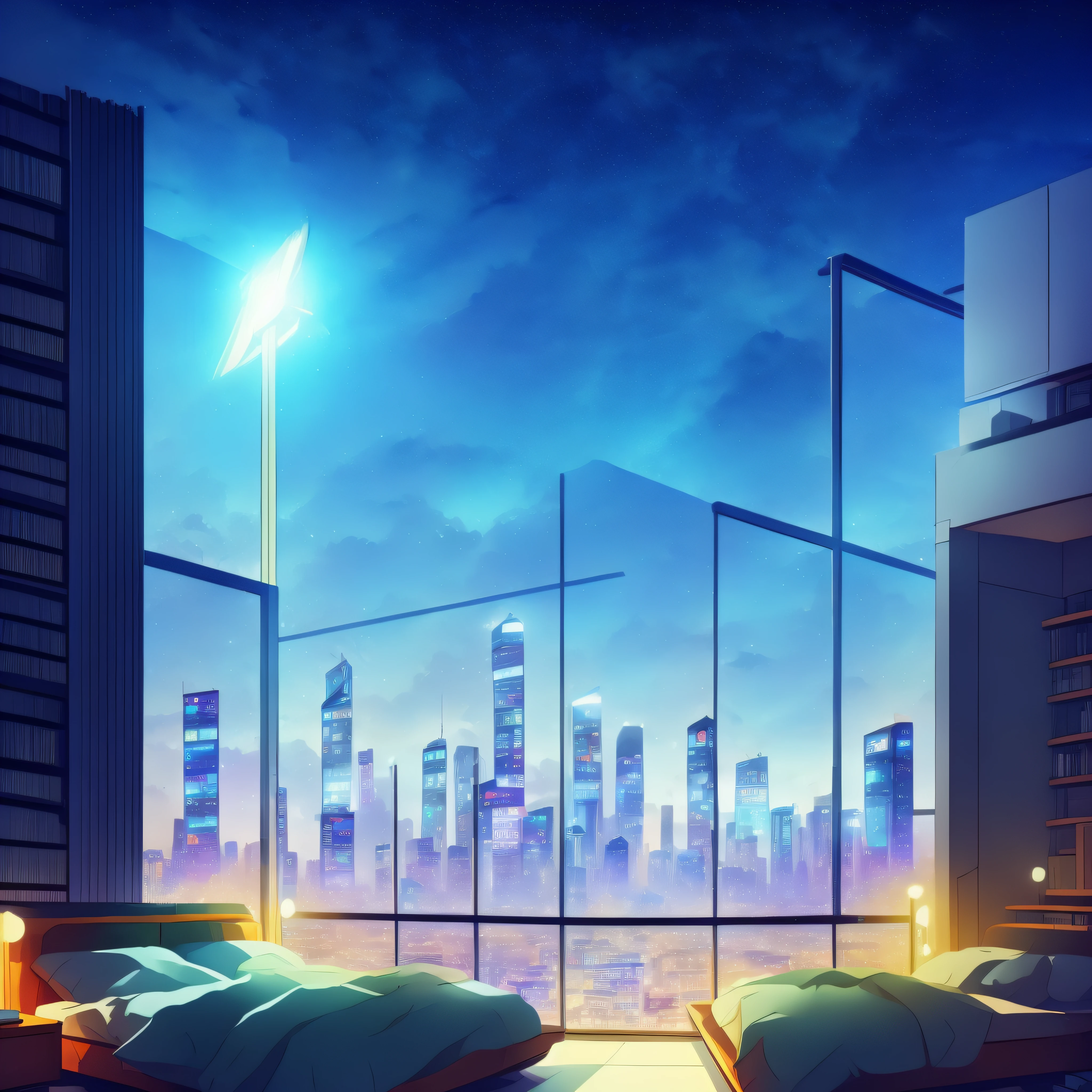 Cold Light Source Technology Cyberpunk Mechanical Minimalism Deconstructivism Bedroom Background Image Floor-to-ceiling windows Bright fluorescent Starry Sky Armor Artificial Intelligence Starry Sky Cold Light Source Only one bed