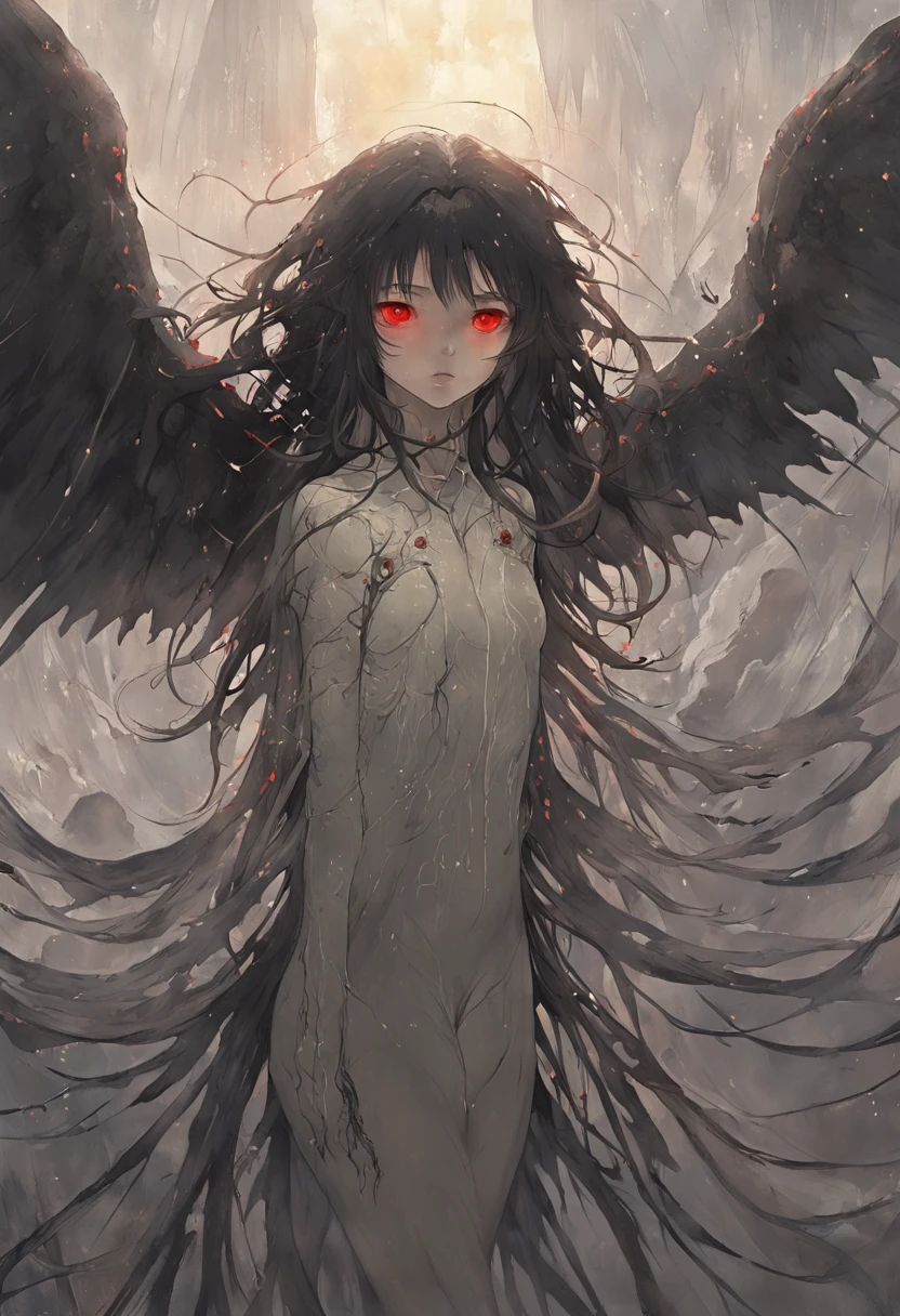 Girl Naked, fantasy , full color, black hair, nude, glowing red eyes, blood in body , skinny, killer