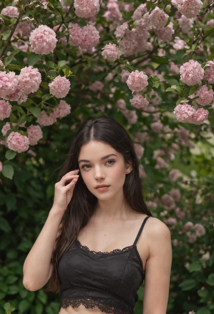 -yeld giwith dark black eyes and black hair, en crop top on vois tout son corp dans un jardin avec des fleurs