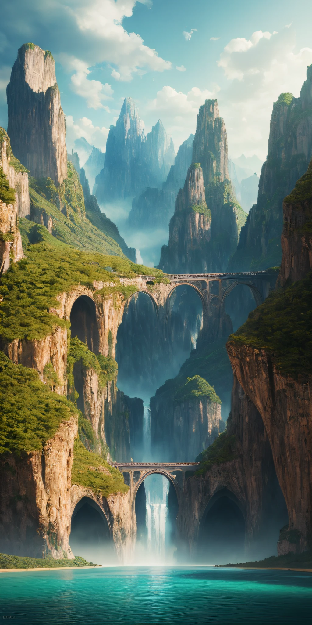 (((masterpiece))), best quality, high quality, extremely detailed CG unity 8k wallpaper, scenery, outdoors, sky, cloud, day, no humans, mountain, landscape, water, tree, blue sky, waterfall, cliff, nature, lake, river, cloudy sky,award winning photography, Bokeh, Depth of Field, HDR, bloom, Chromatic Aberration ,Photorealistic,extremely detailed, trending on artstation, trending on CGsociety, Intricate, High Detail, dramatic, art by midjourney
