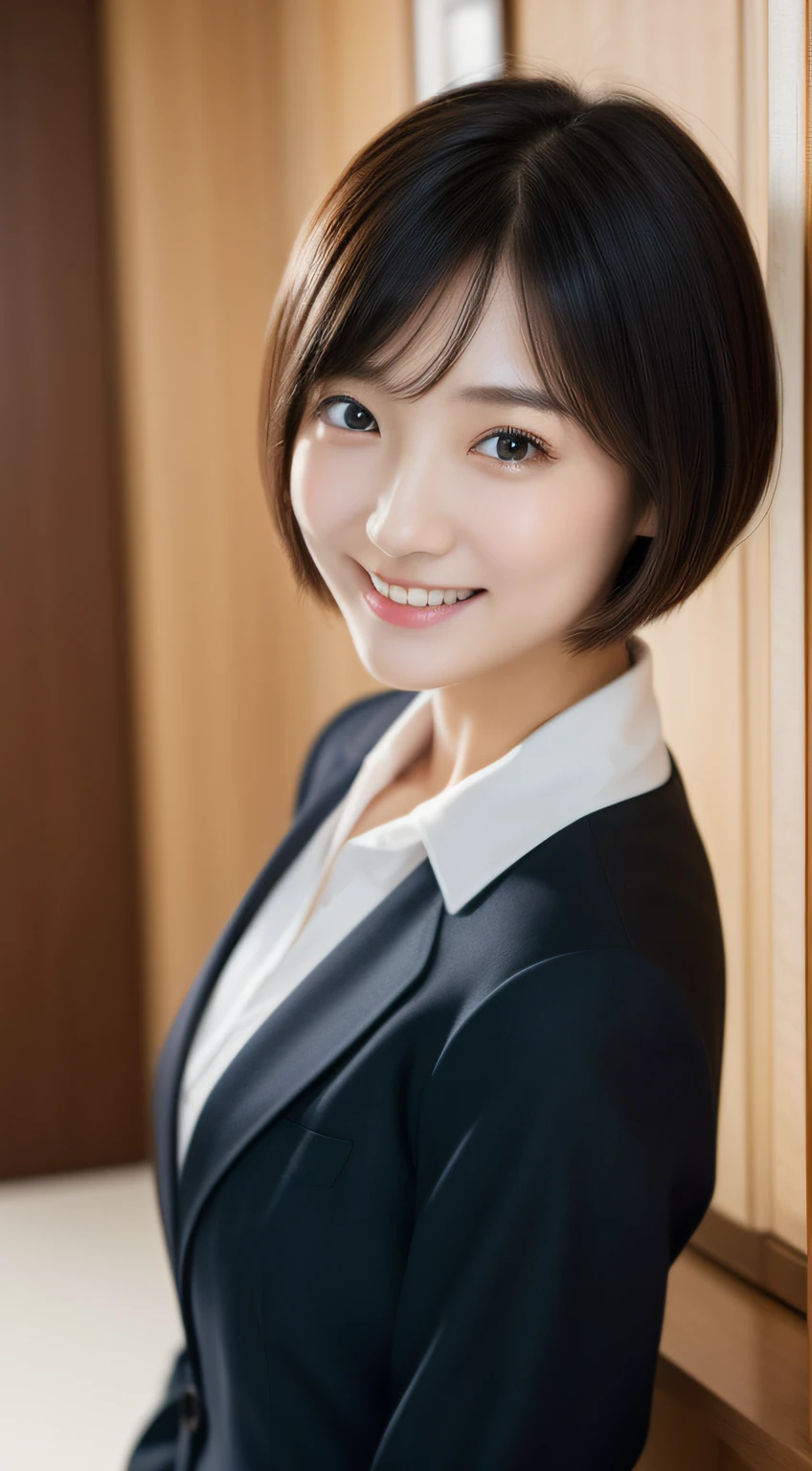 s Office、sexy  pose、Woman in suit、short-cut、full bodyesbian。A smile、(​masterpiece、top-quality)、crisp image、kawaii、a picture、((20 year old woman:1.2))、Beautie、Japanese face、8K