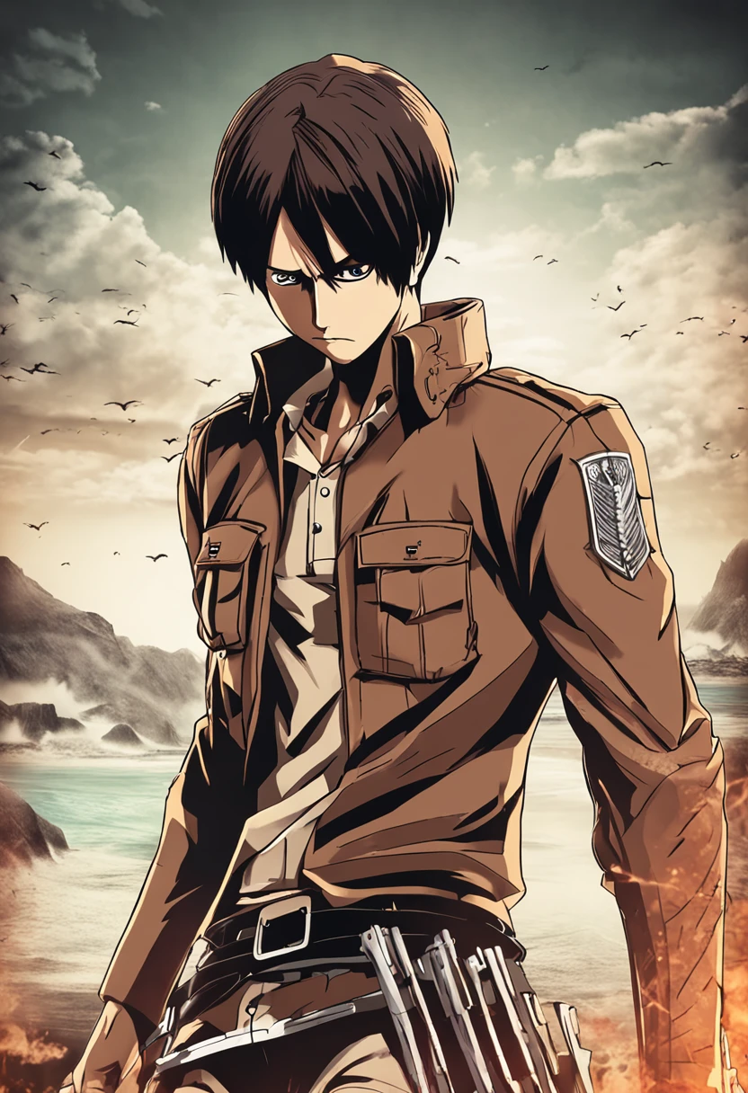 Generate a moody and emotionally colored movie poster in the style of Hajime Isayama's Attack on Titan. The poster should prominently feature Eren Jaeger, wearing a Paradis Island uniform and ODM gear, gazing out at the ocean.