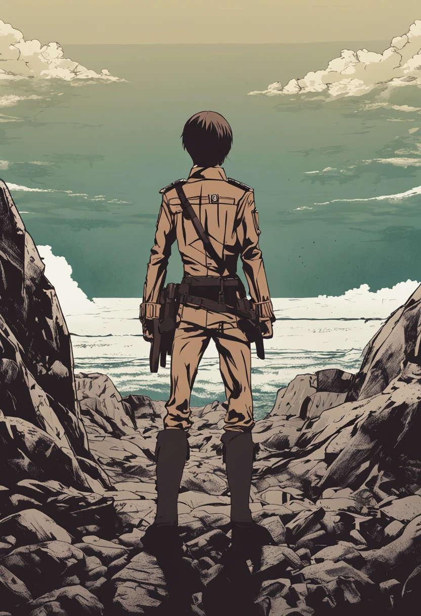 Generate a moody and emotionally colored movie poster in the style of Hajime Isayama's Attack on Titan. The poster should prominently feature Eren Jaeger, wearing a Paradis Island uniform and ODM gear, gazing out at the ocean.
