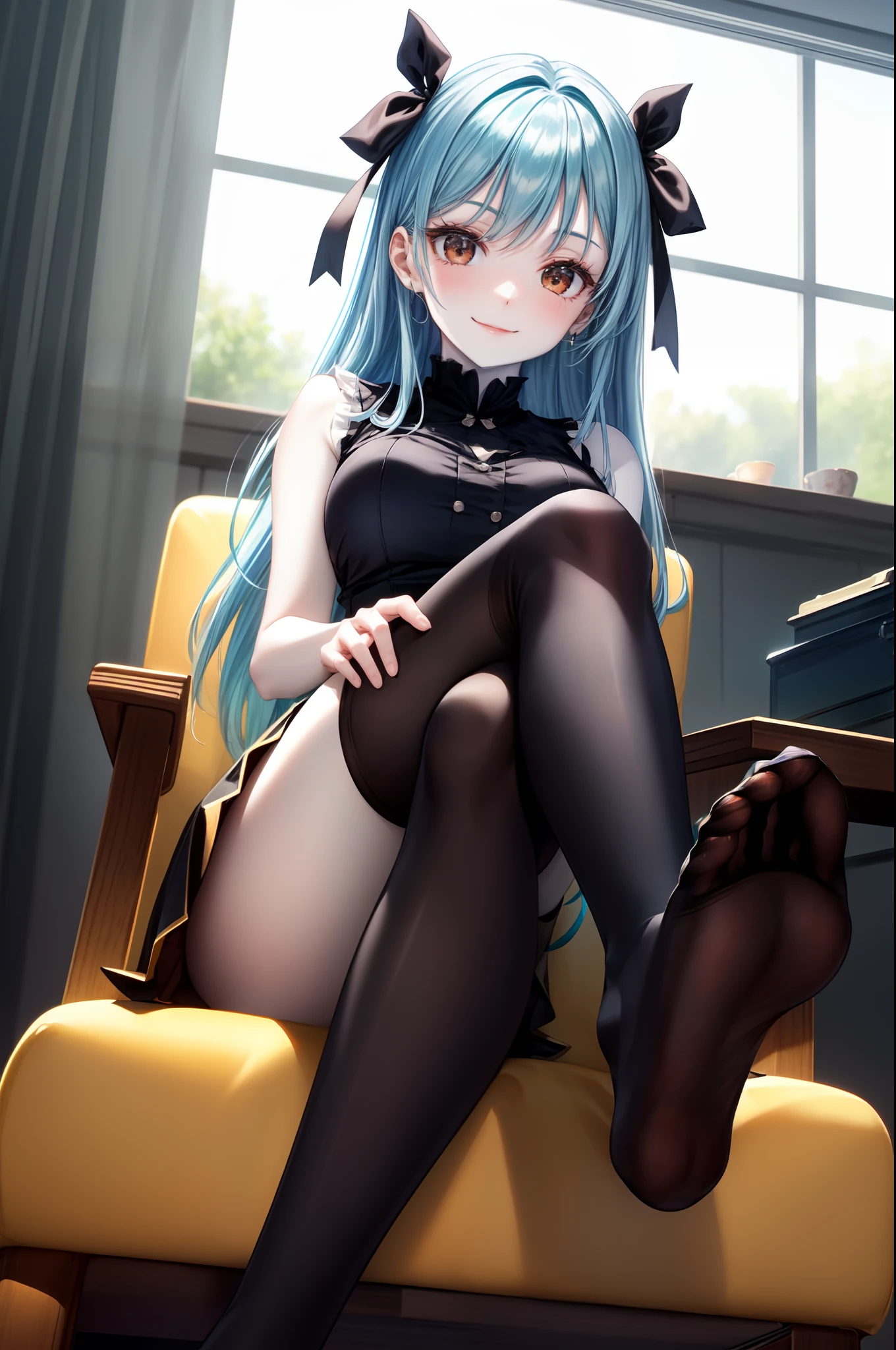 (((foot focus))), (((presenting foot))), foot towards viewer, from below, ((black thighhighs)), looking at viewer, from below, (((hand on own thighs))), eyelashes, (pale skin:1.5), anime style, masterpiece, 8k, sharp details, 1girl, solo, light blue hair, full body black dress with skirt, mature female, medium breasts, black side twin hair ribbon, brown eyes, long hair, sleeveless, closed mouth, crossed legs, light smile, sitting on a chair