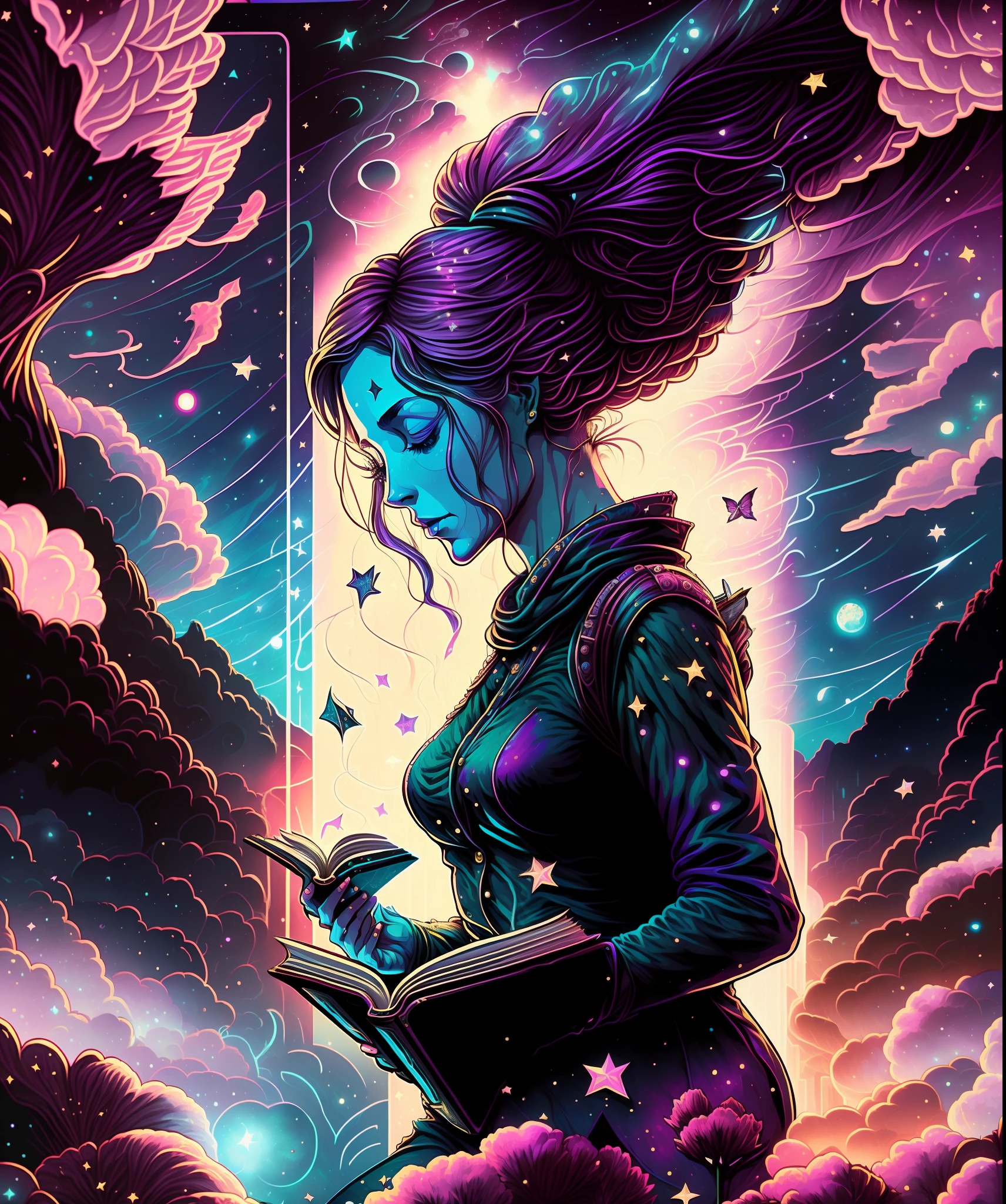 a woman galaxy reading in a book