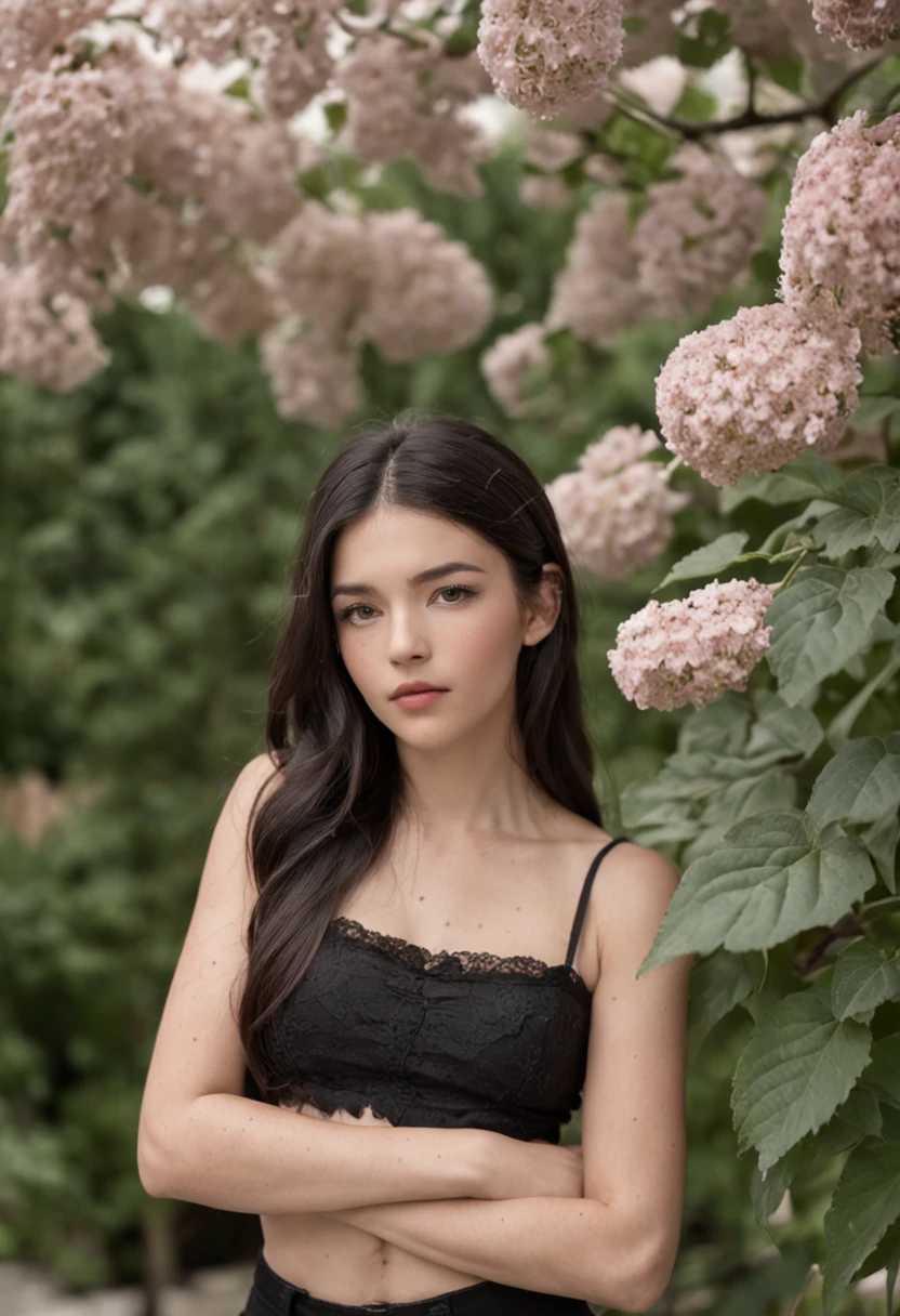 17-year-old girl with dark black eyes and black hair, en crop top on vois tout son corp dans un jardin avec des fleurs