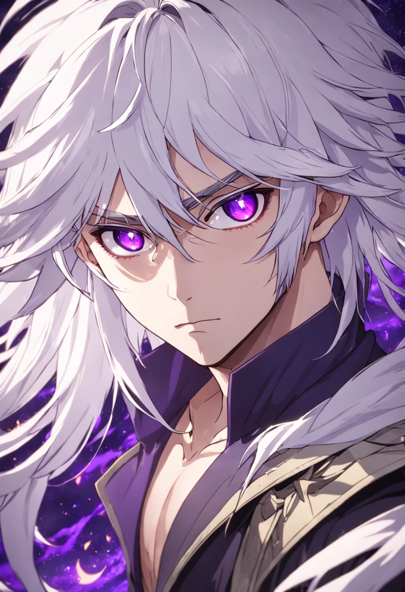 1men, white hair, purple eyes