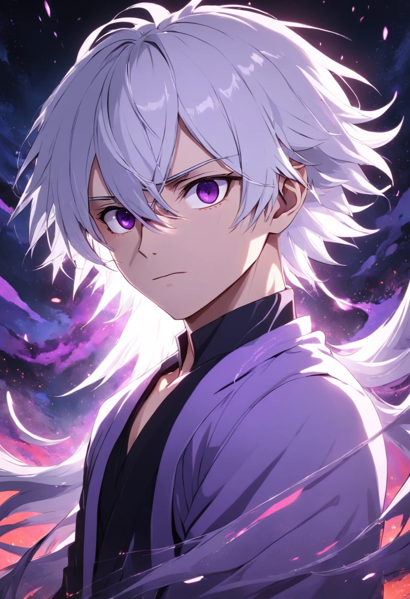 1men, white hair, purple eyes
